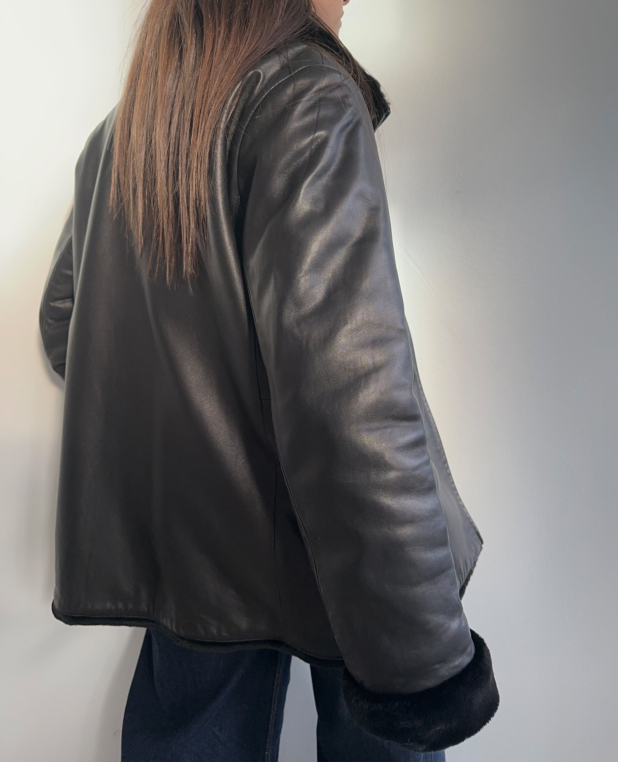 Black Leather Jacket With Faux Fur Collar and Cuffs