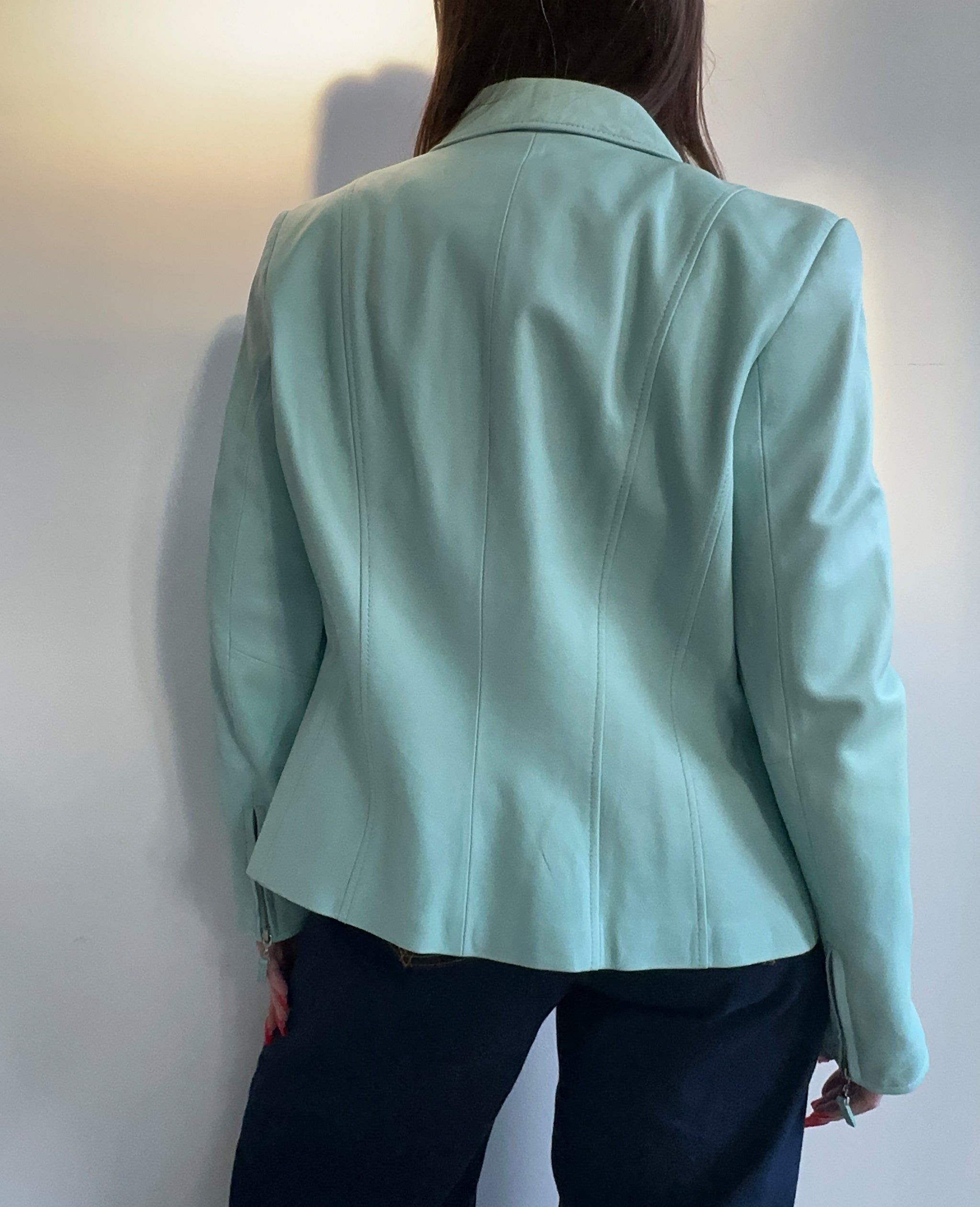 Pastel Blue Leather Zip Up Jacket