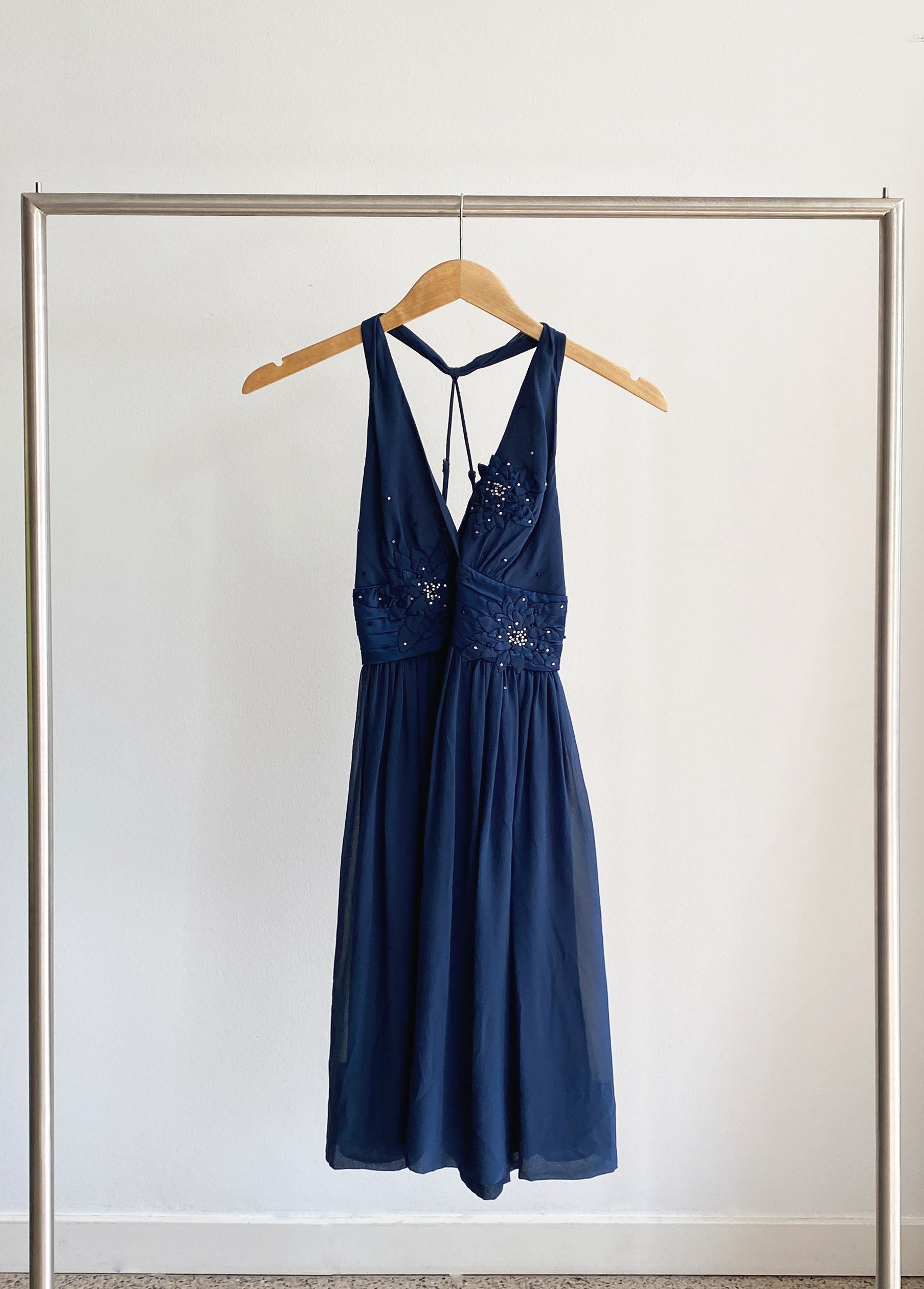 Blue Embellished Silk Halter Dress