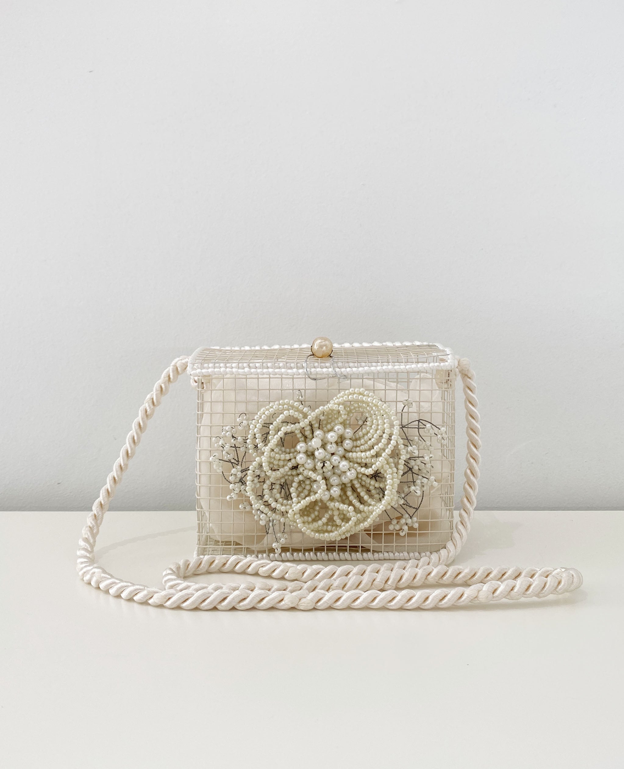 White Metal Box Bag With Pearl Accents