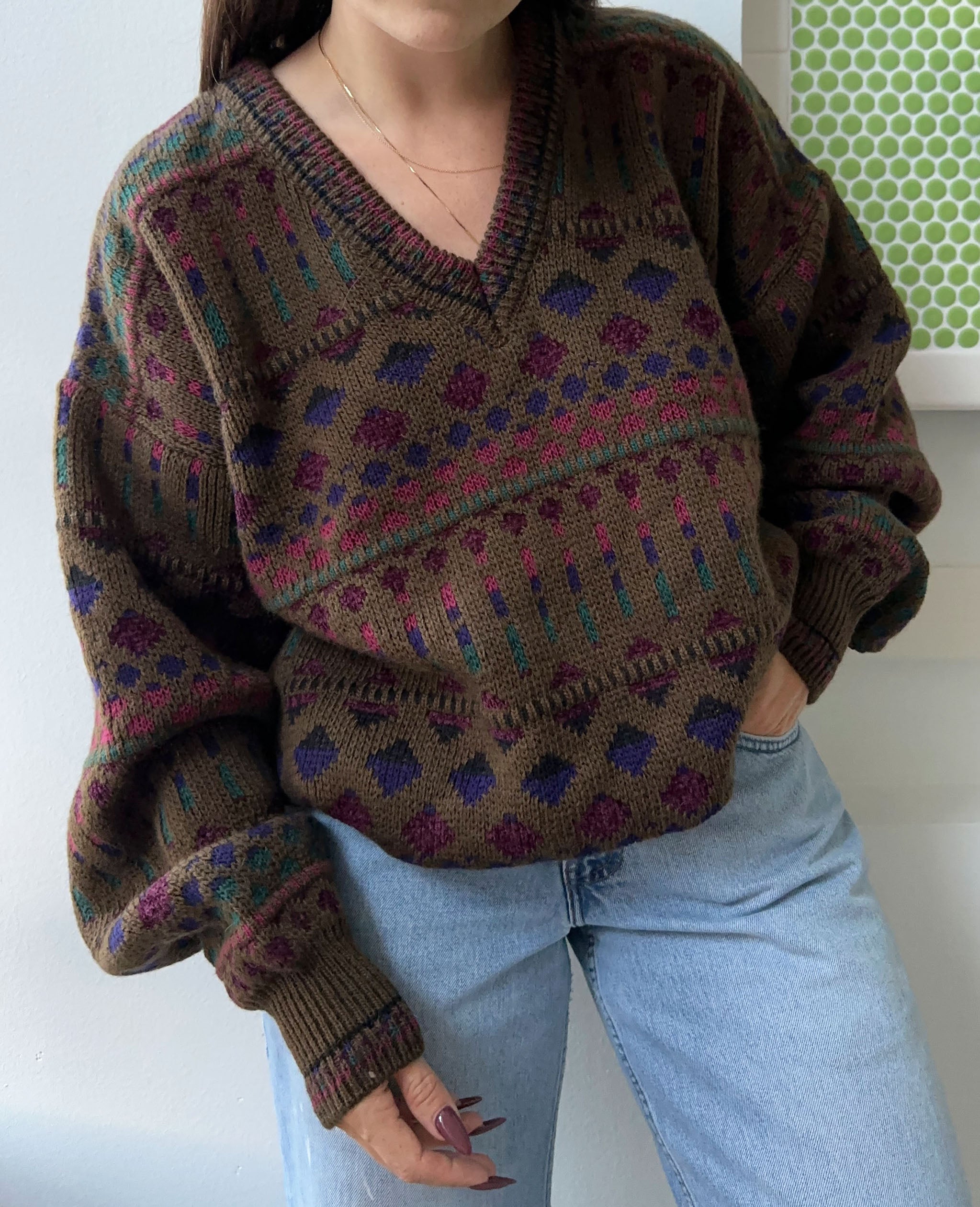 Brown Patterned V Neck Sweater