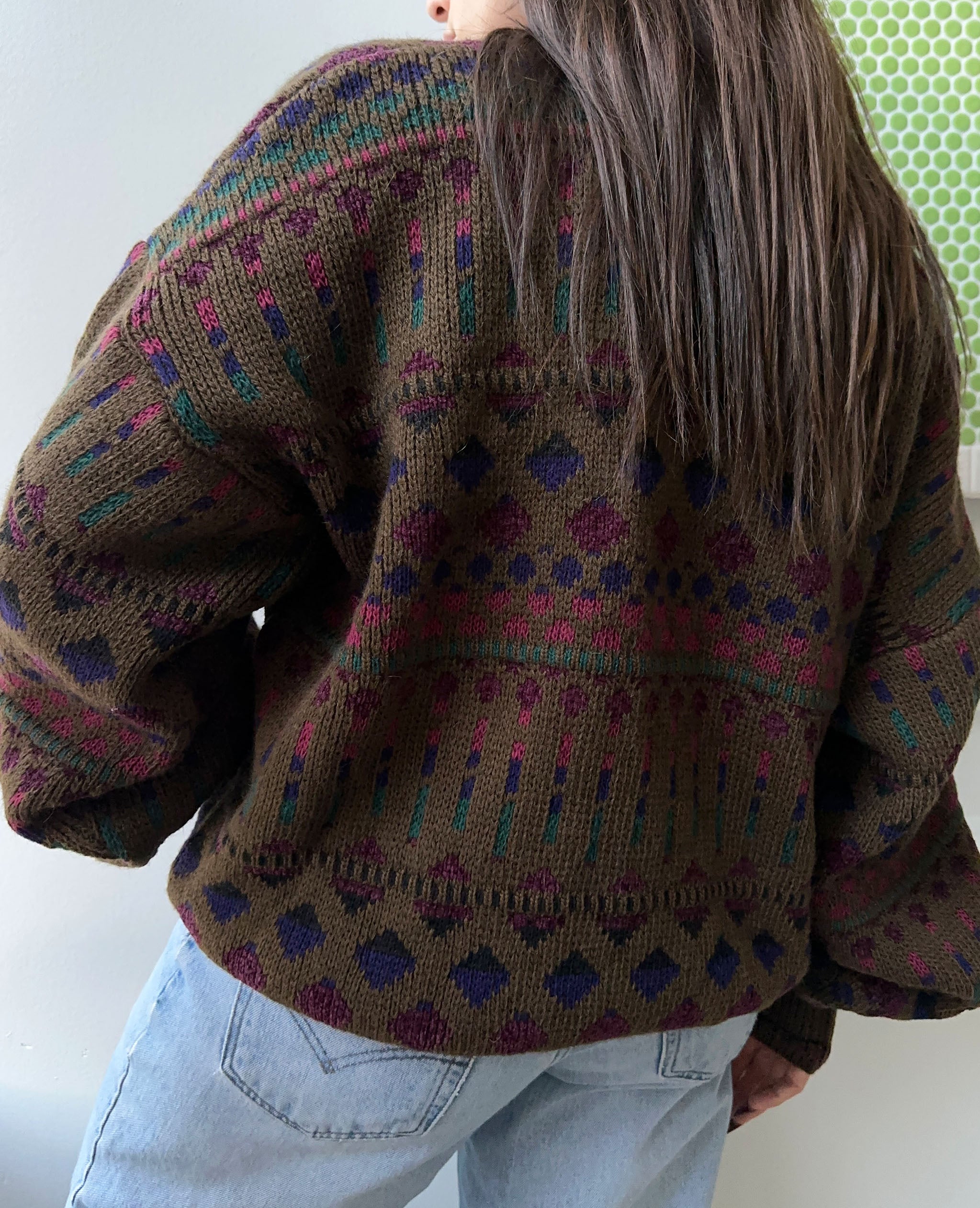 Brown Patterned V Neck Sweater
