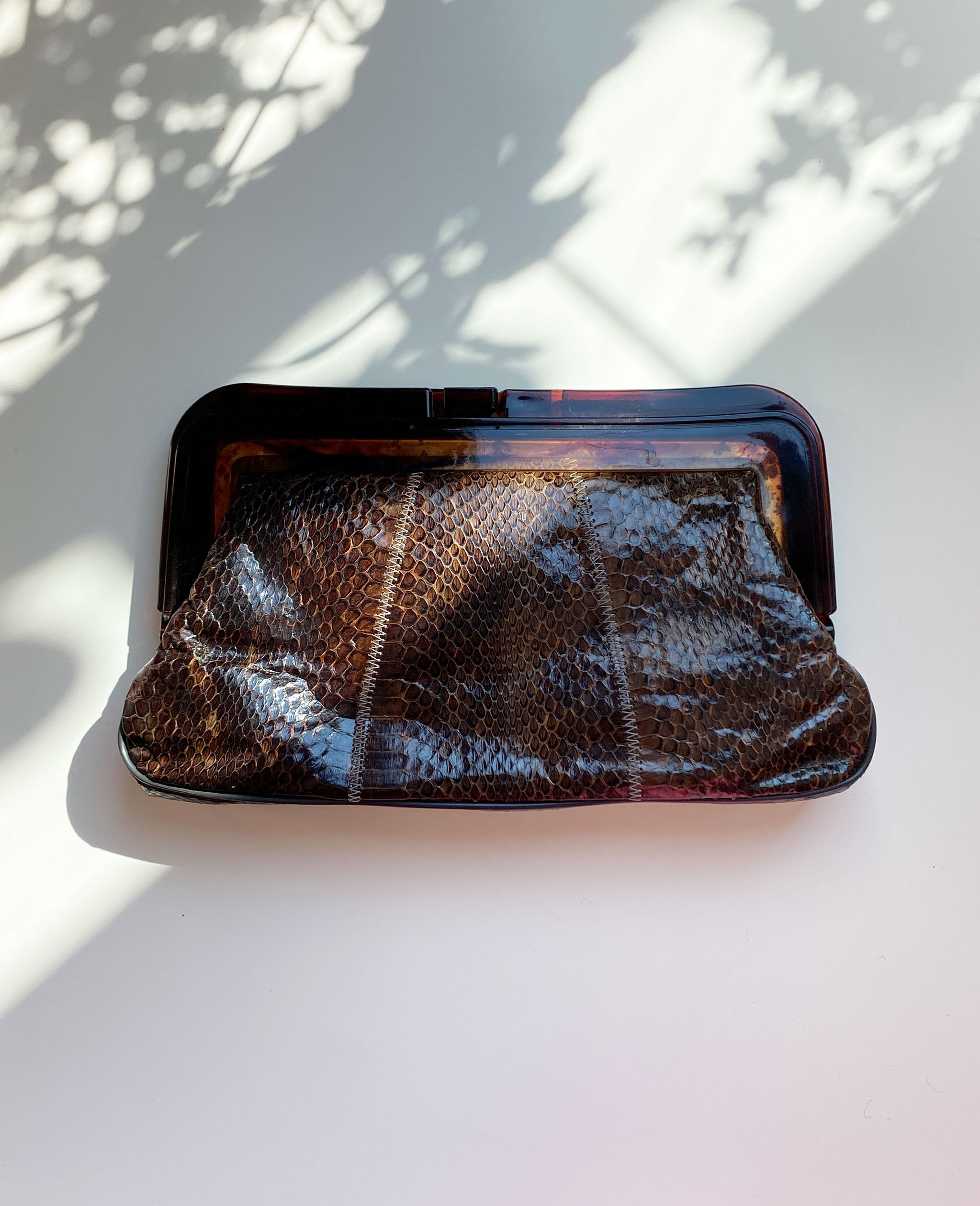 Brown Snakeskin Clutch With Acrylic Handle