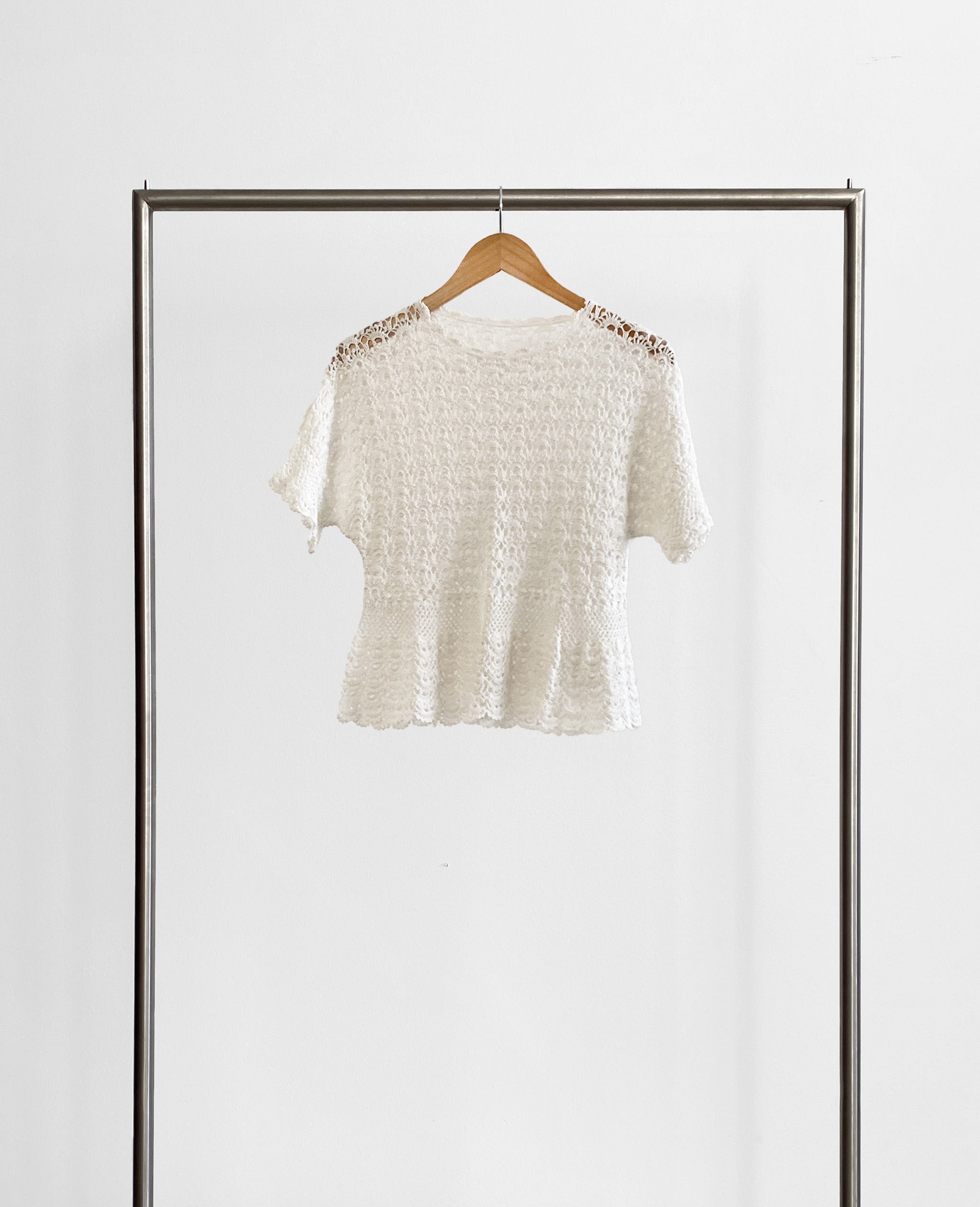 White Crochet Short Sleeve Sweater