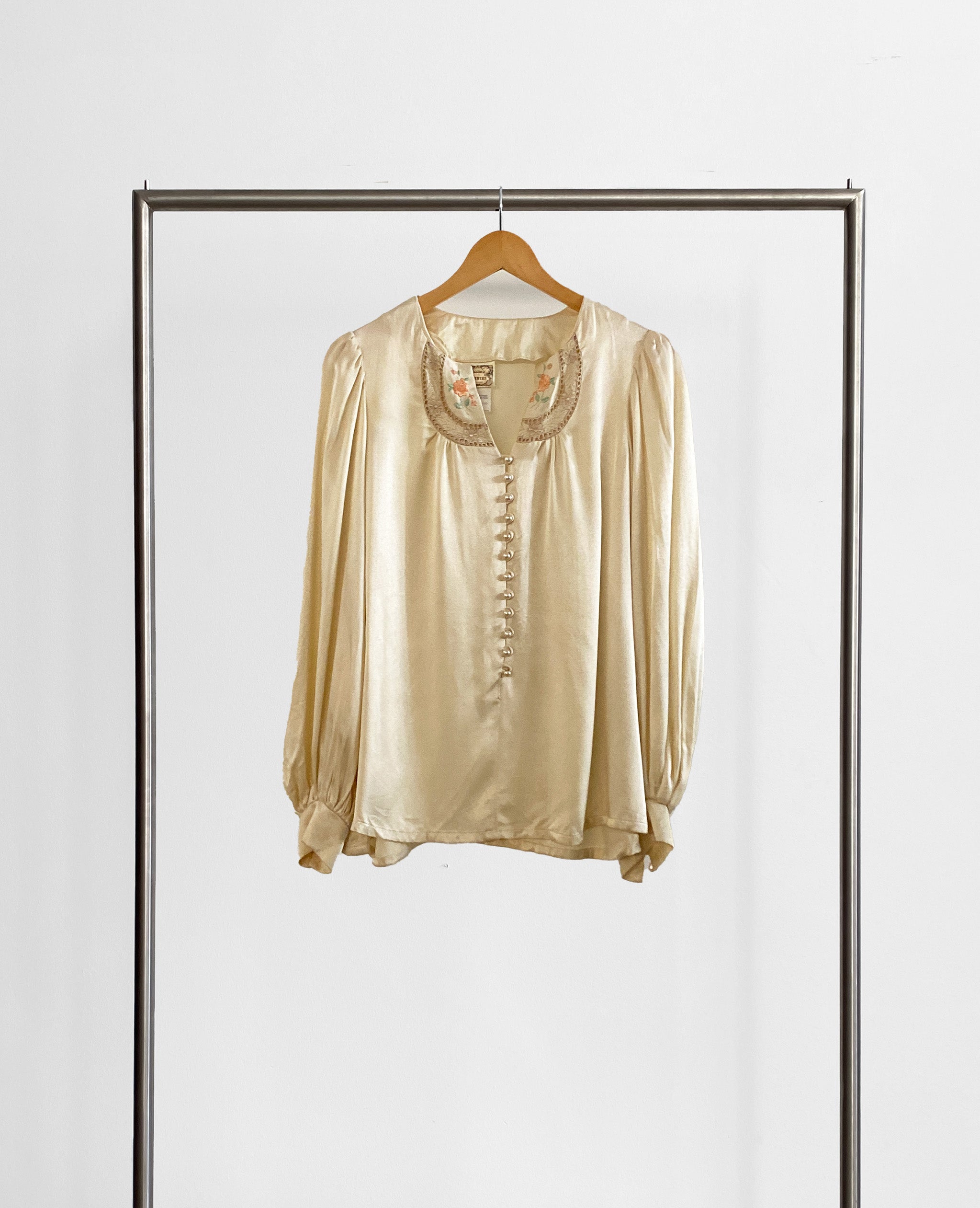 Cream Satin Blouse with Floral Detail
