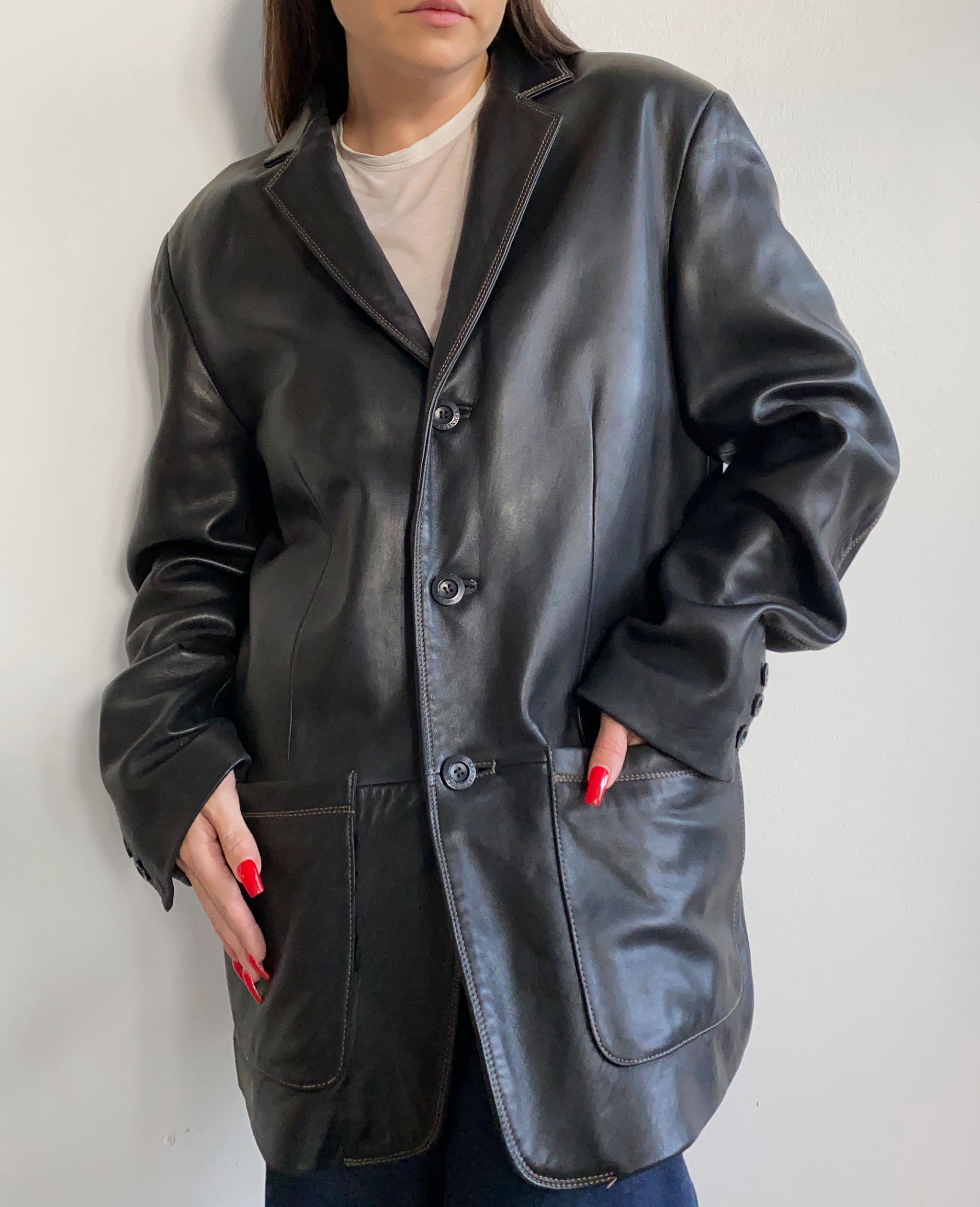 Black Leather Contrast Stitch Jacket
