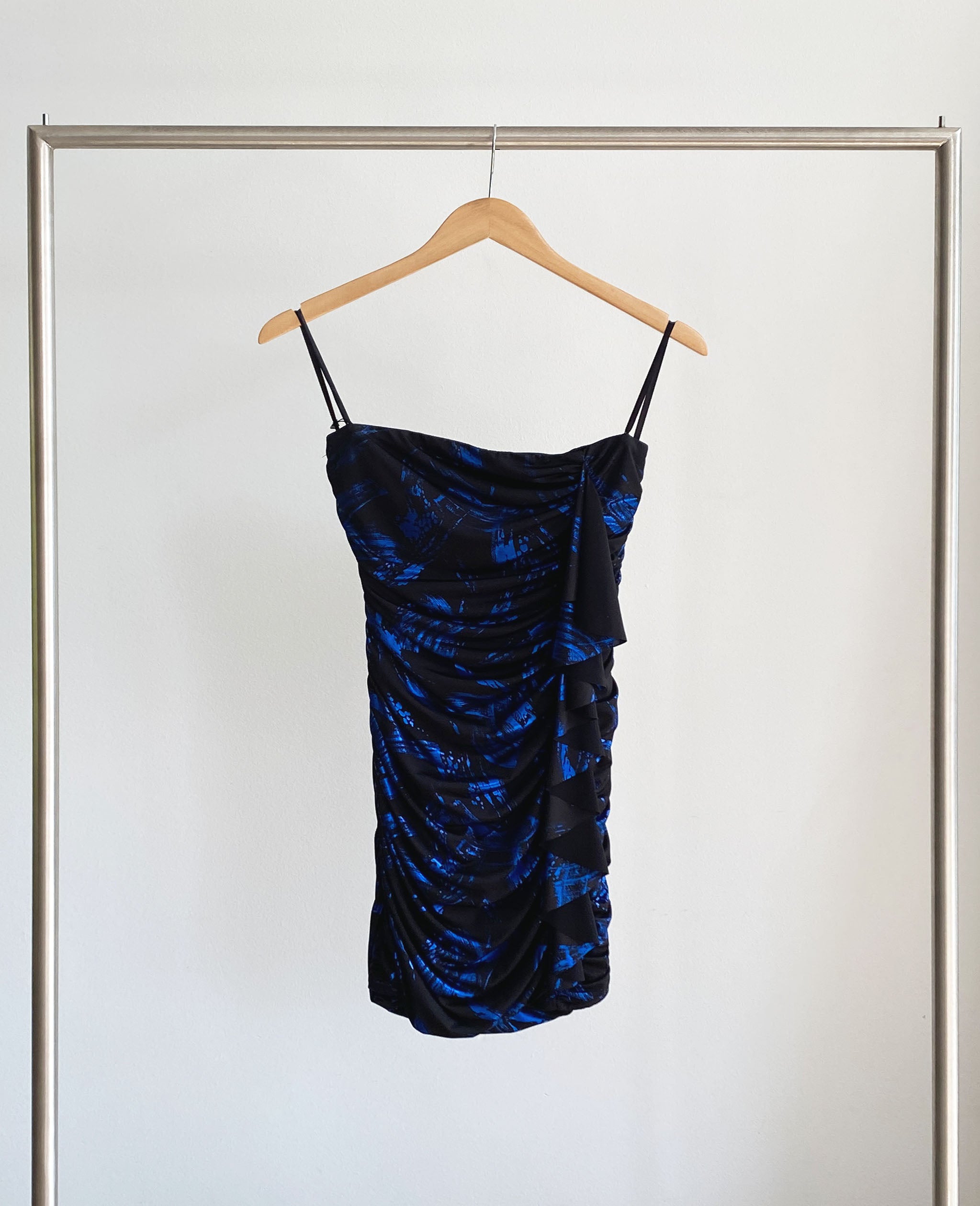 Black Strapless Dress With Blue Metallic Pattern