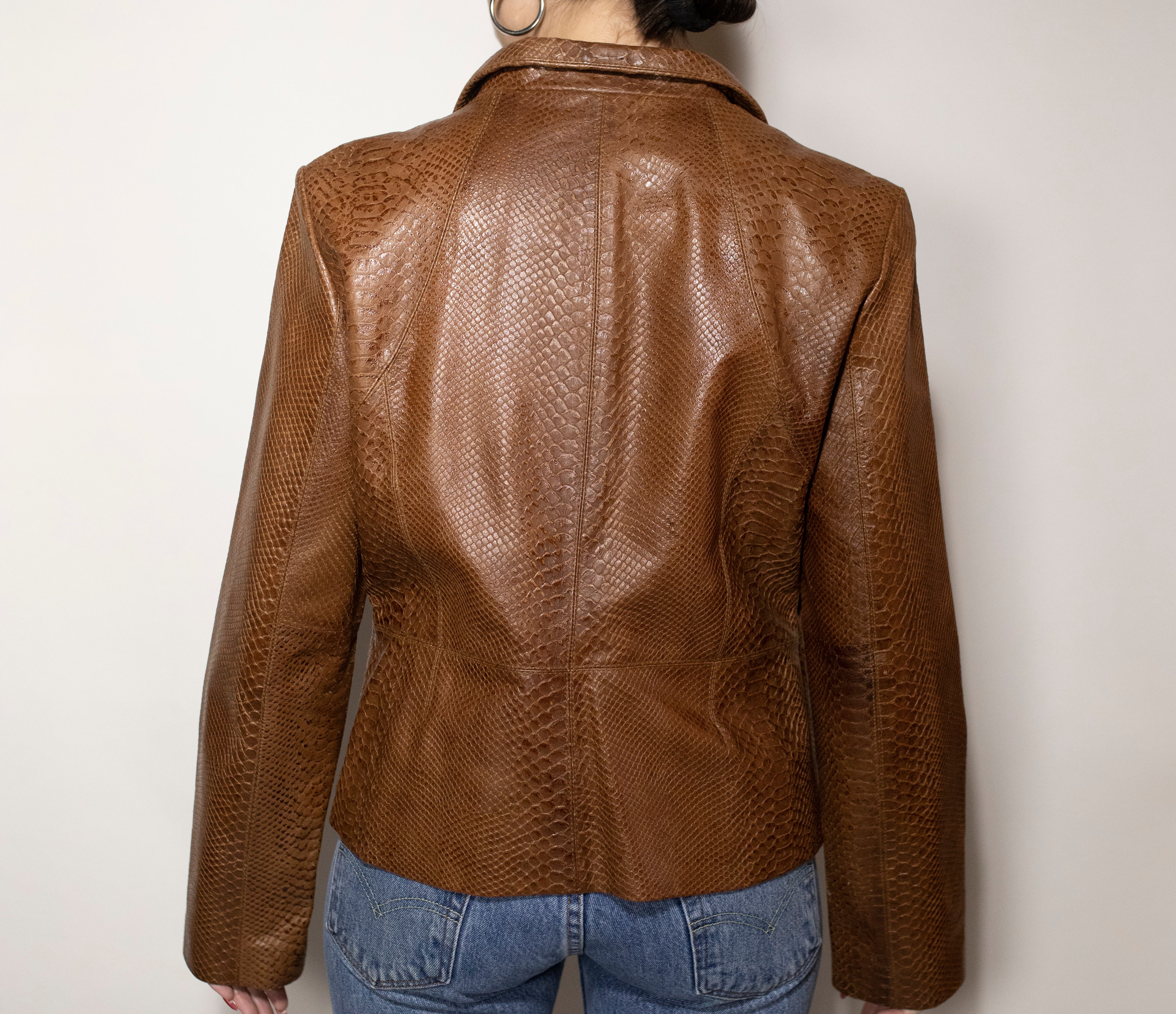 Brown Leather Embossed Snake Skin Jacket