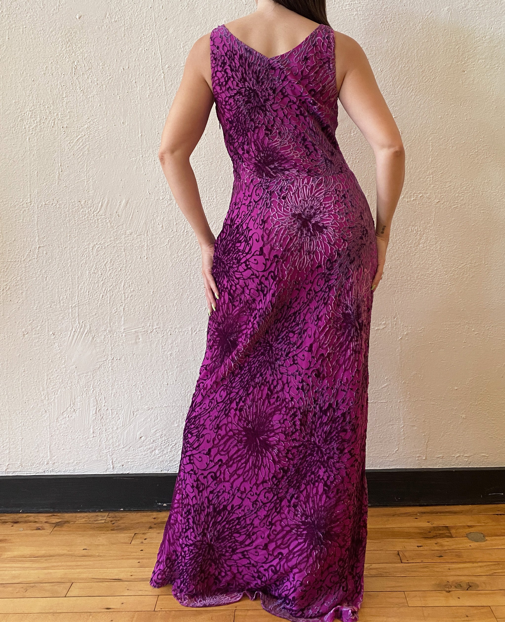 Purple Floral Patterned Velvet Maxi Dress