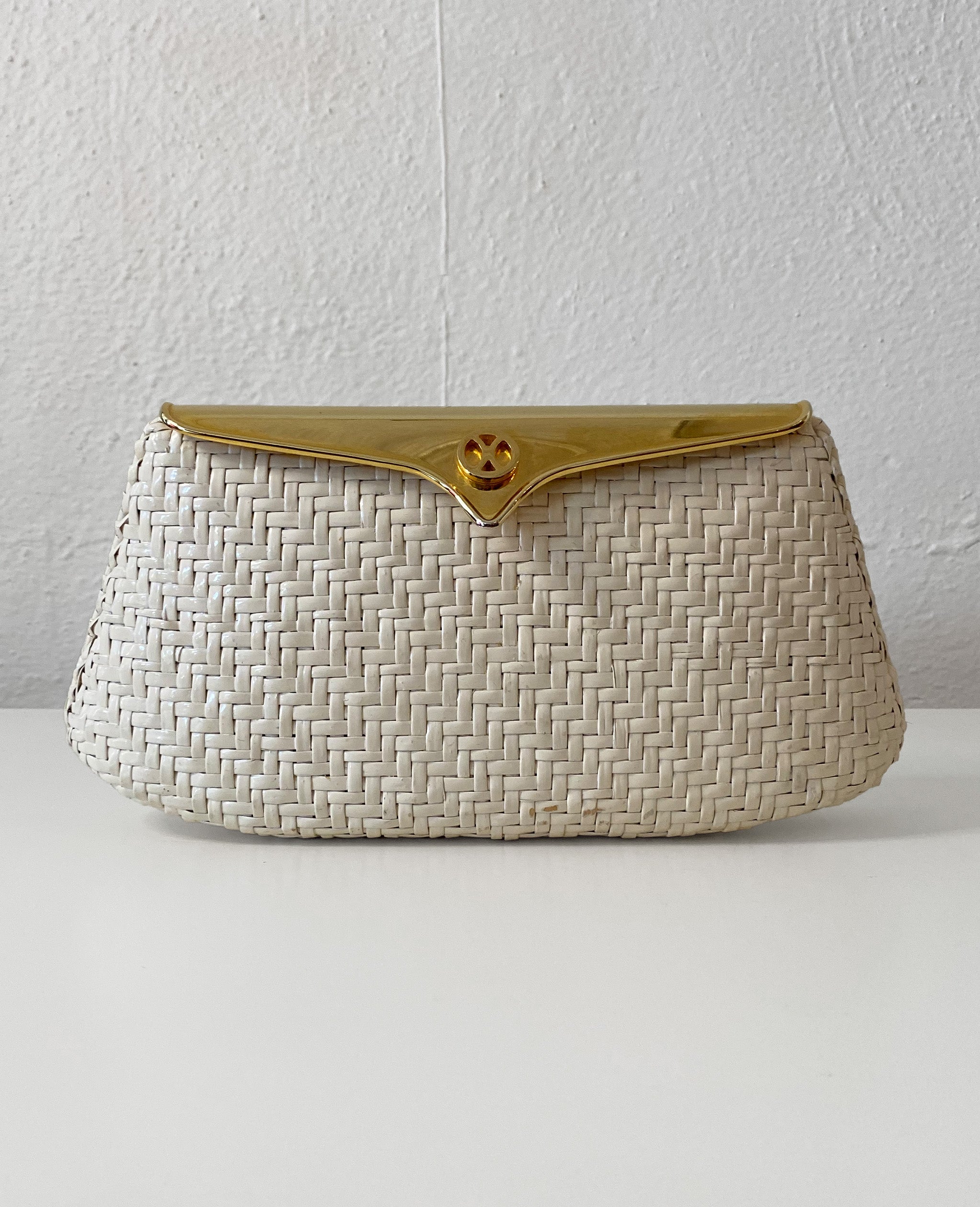 White Wicker Clutch with Gold Tone Chain