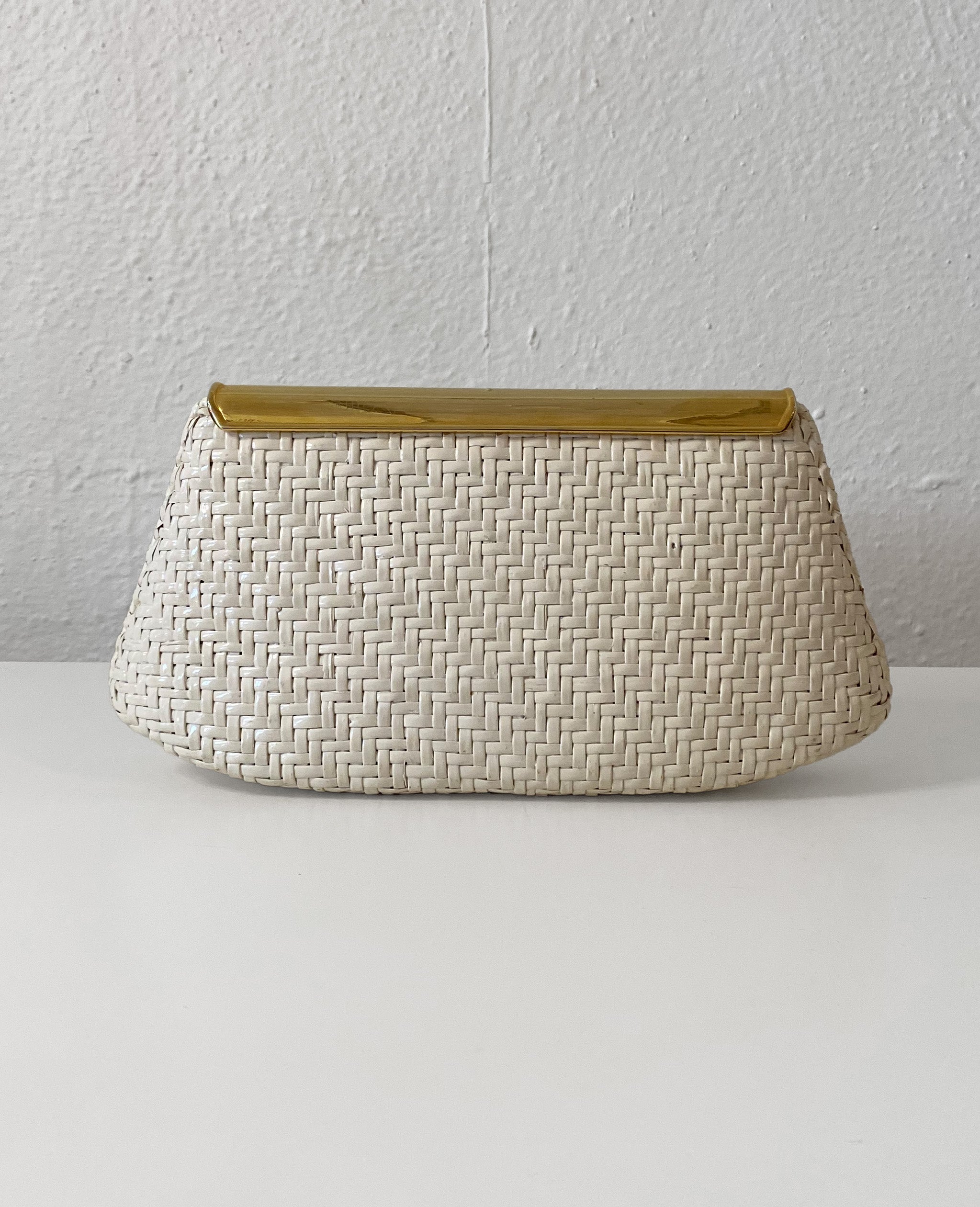 White Wicker Clutch with Gold Tone Chain