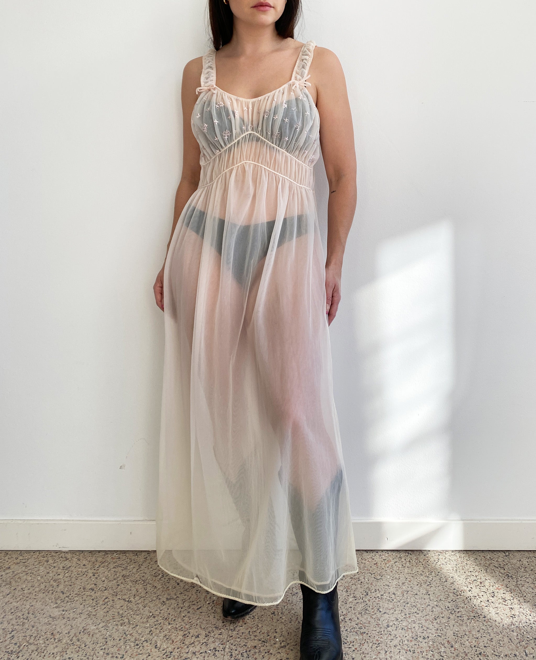 Sheer Slip Dress With Ruched Straps and Floral Detail