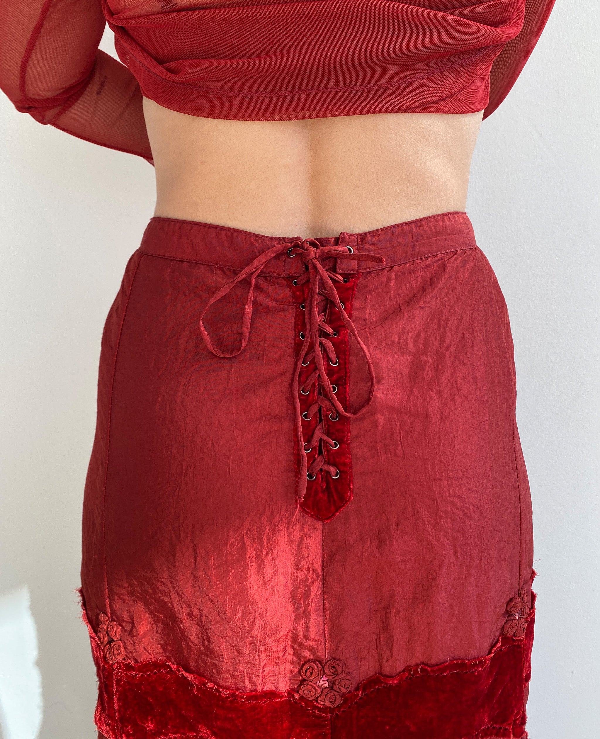 Red Velvet and Mesh Skirt Set