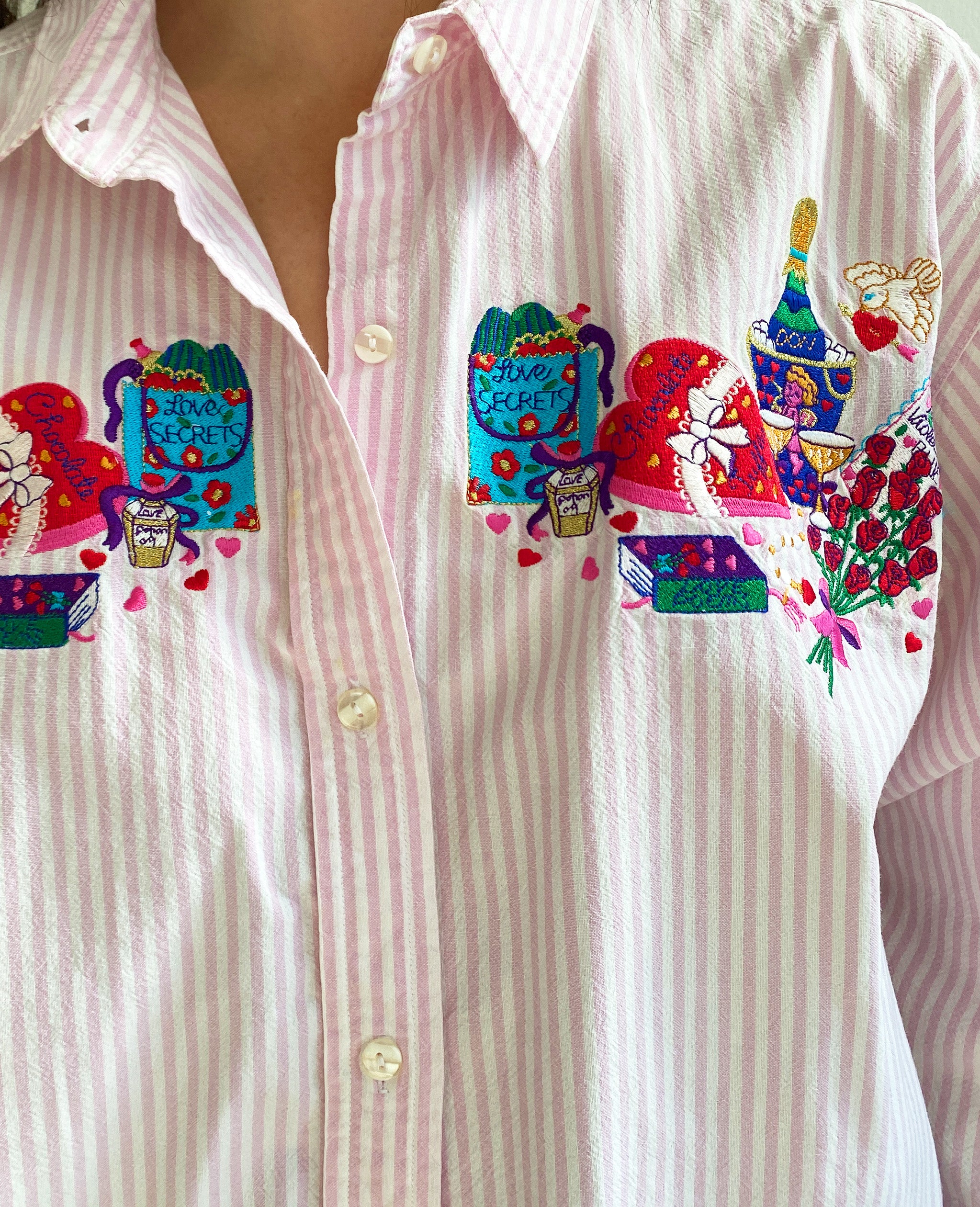 Pink Striped Champagne & Chocolates Embroidered Blouse