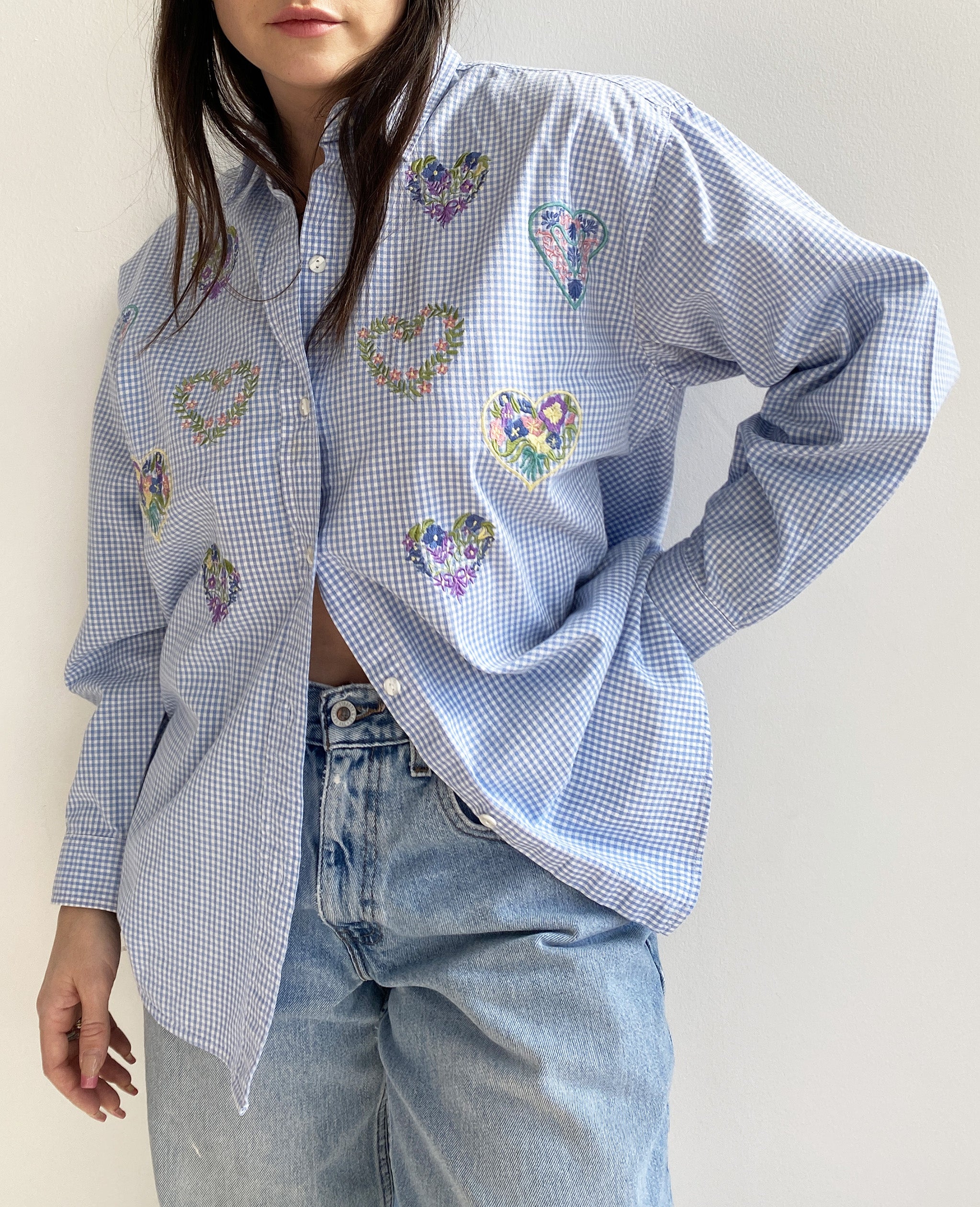 Blue Gingham Floral Hearts Embroidered Blouse