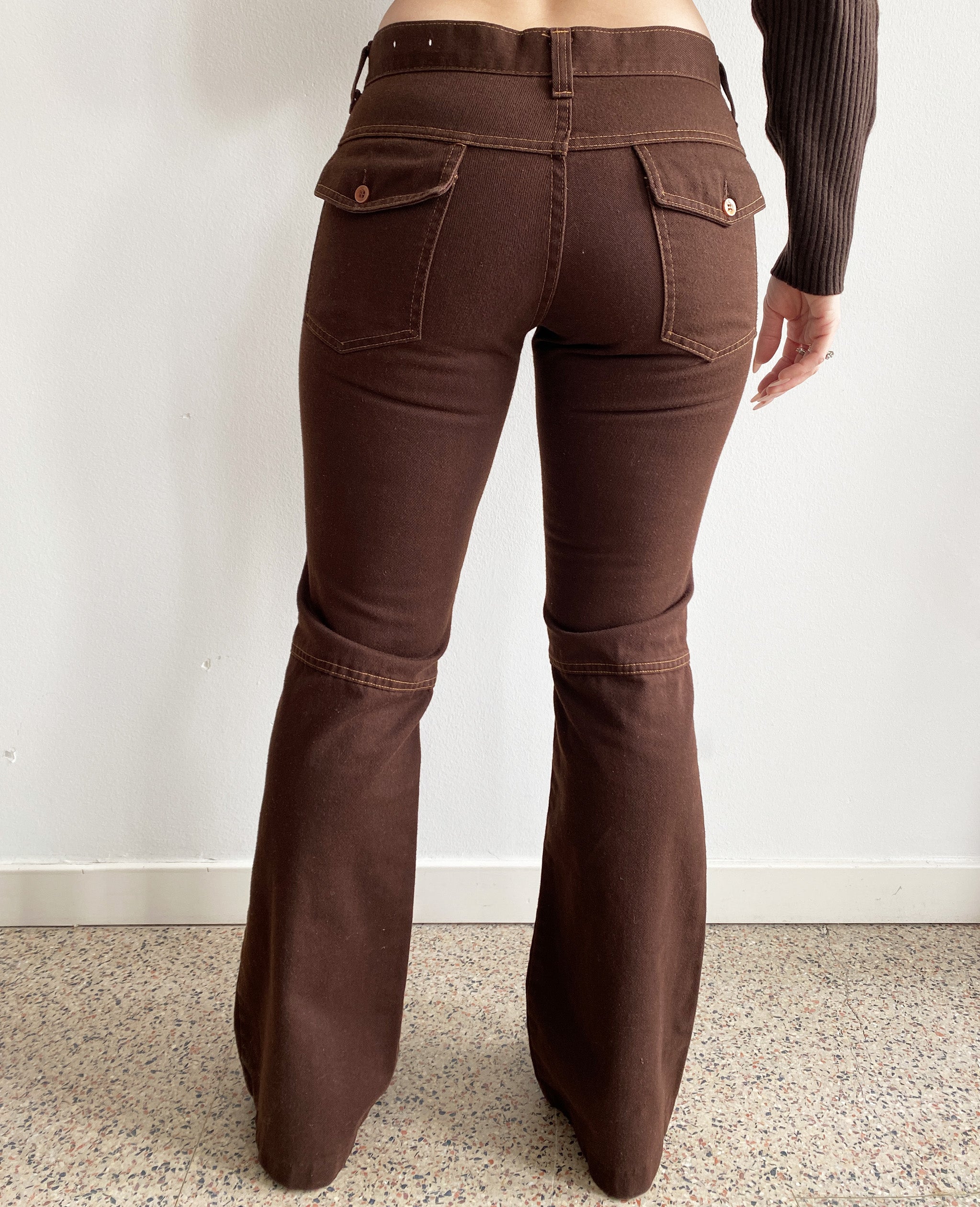 Brown Low Rise Flared Denim With Mustard Constrast Stitching