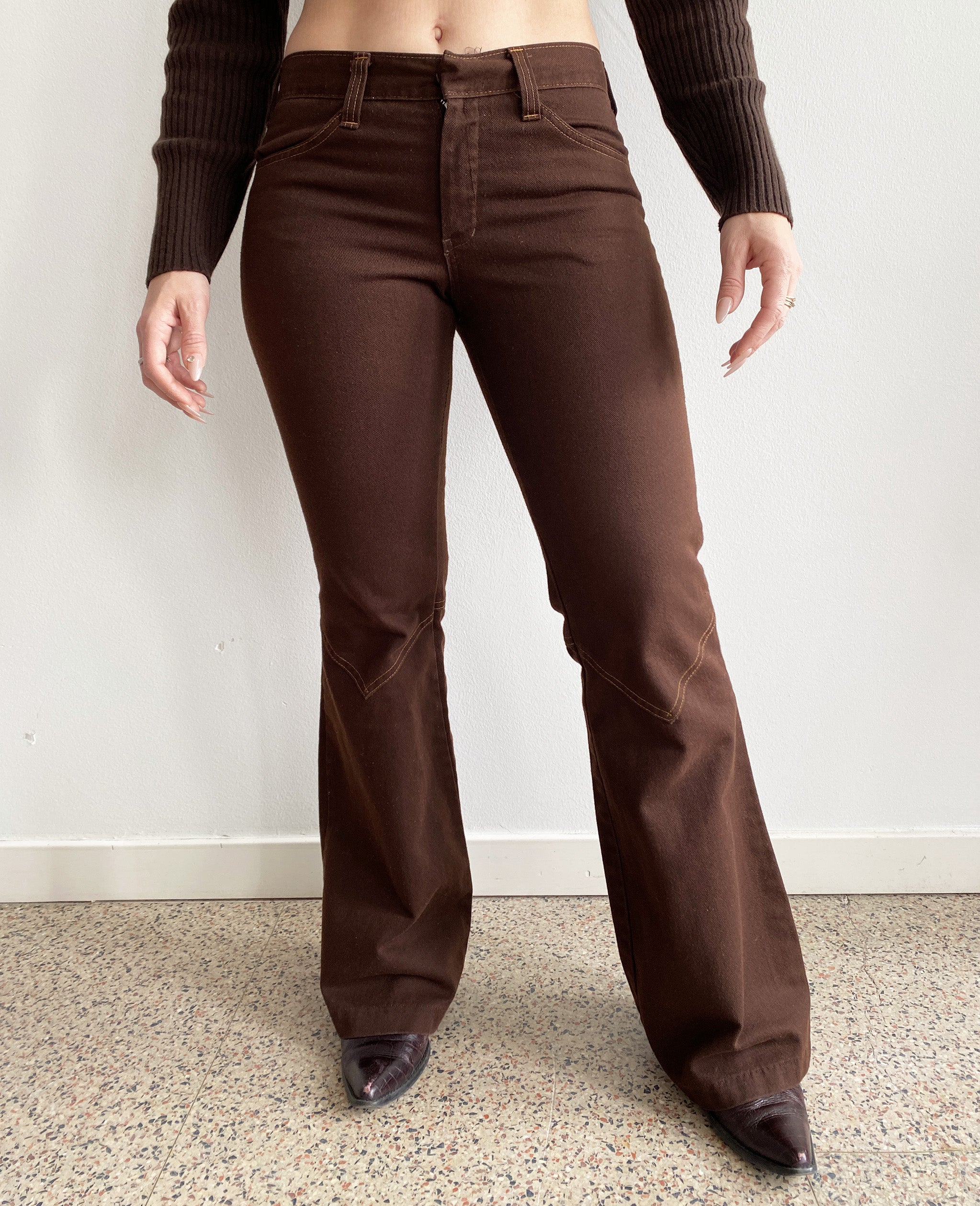 Brown Low Rise Flared Denim With Mustard Constrast Stitching
