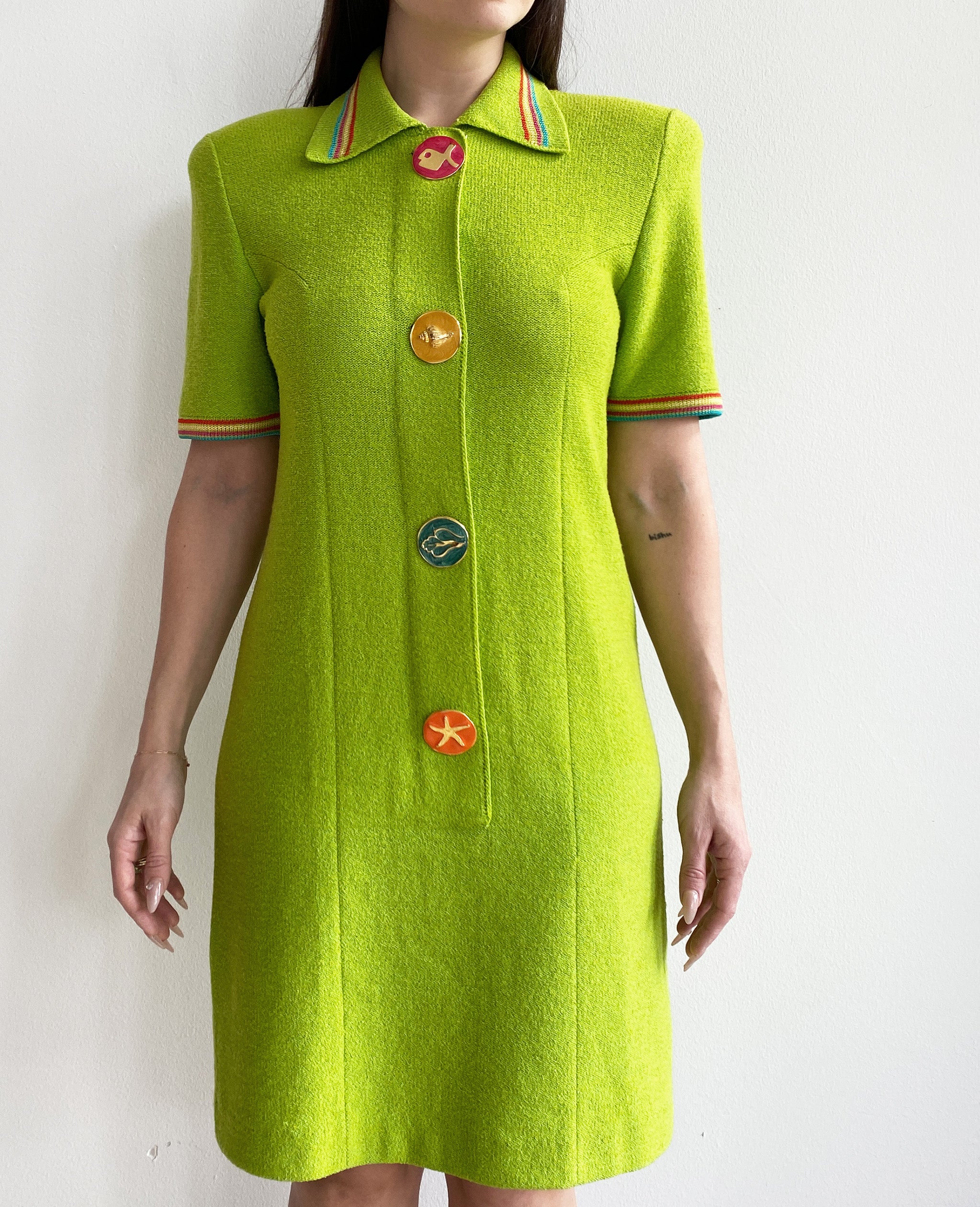 Lime Green Knit Dress With Stripe Detail