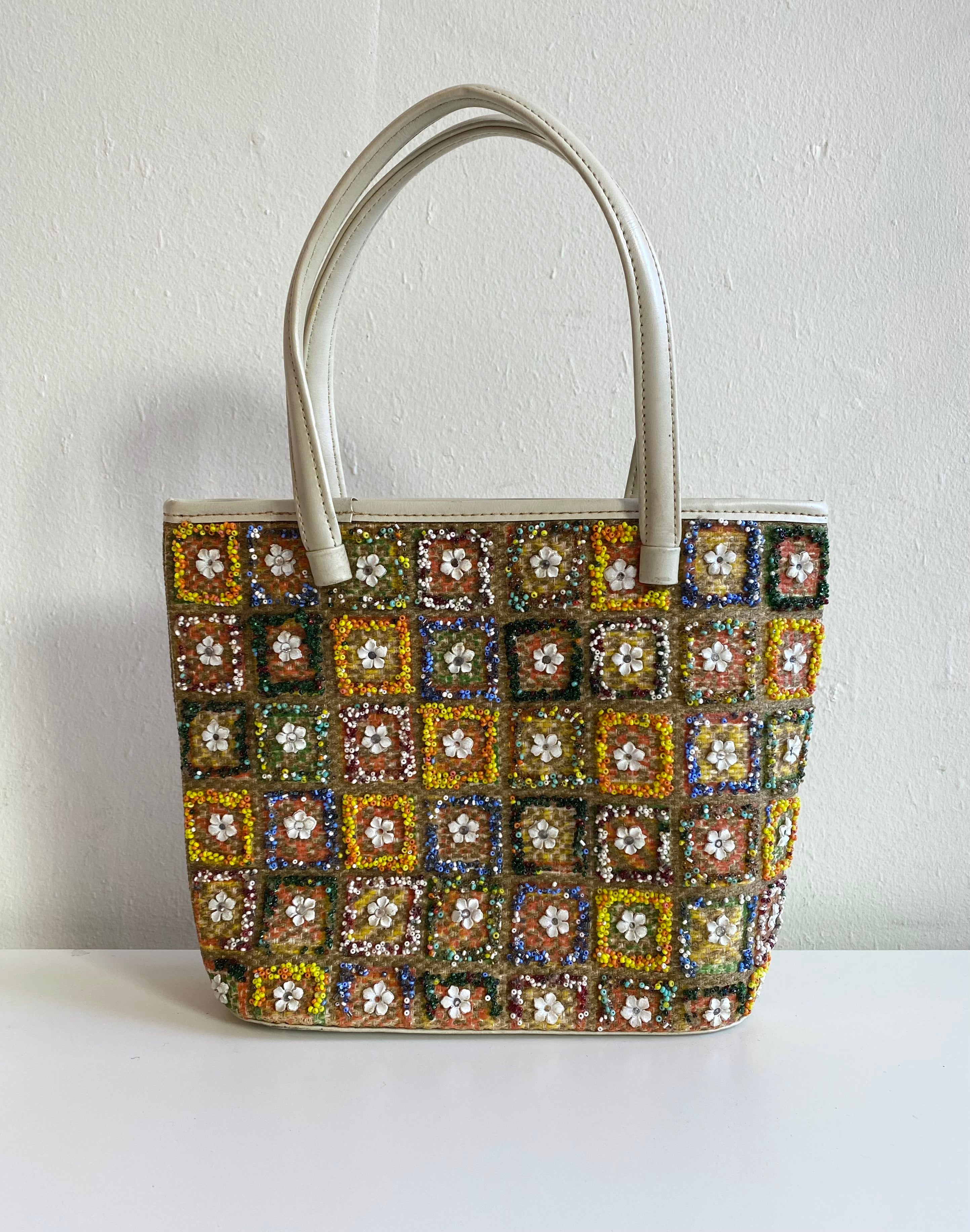 Beaded Flower Square Tote