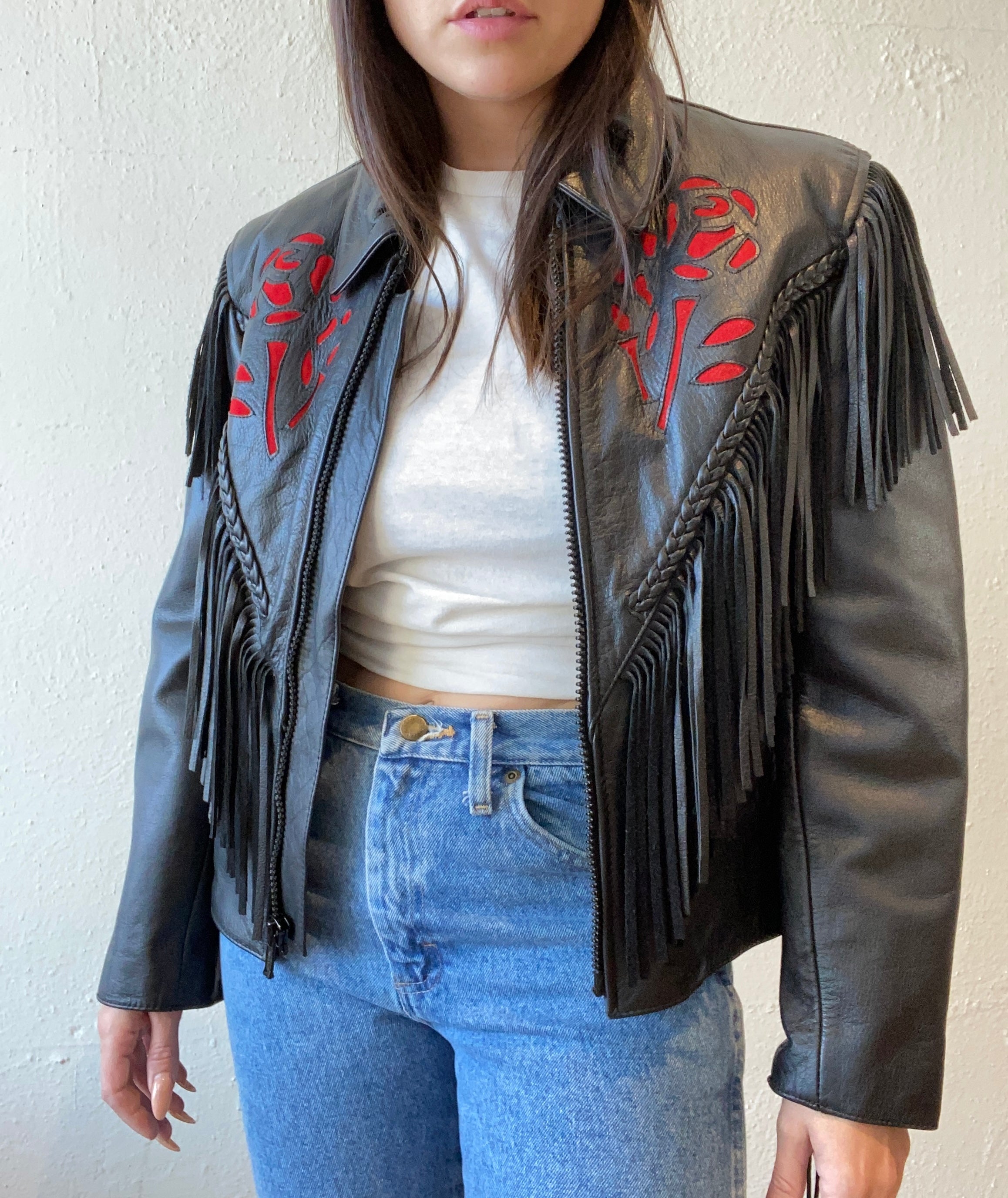 Black Leather Fringe Jacket With Rose Detail