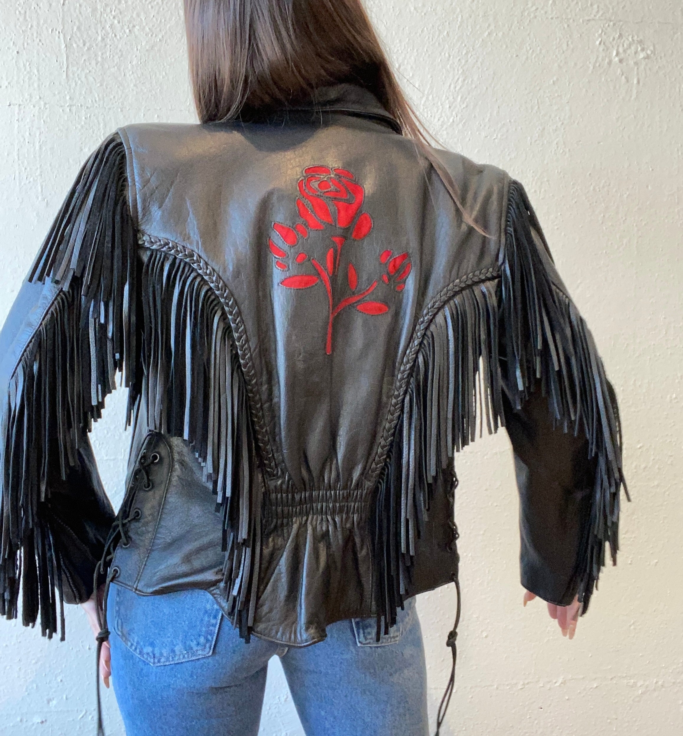 Black Leather Fringe Jacket With Rose Detail