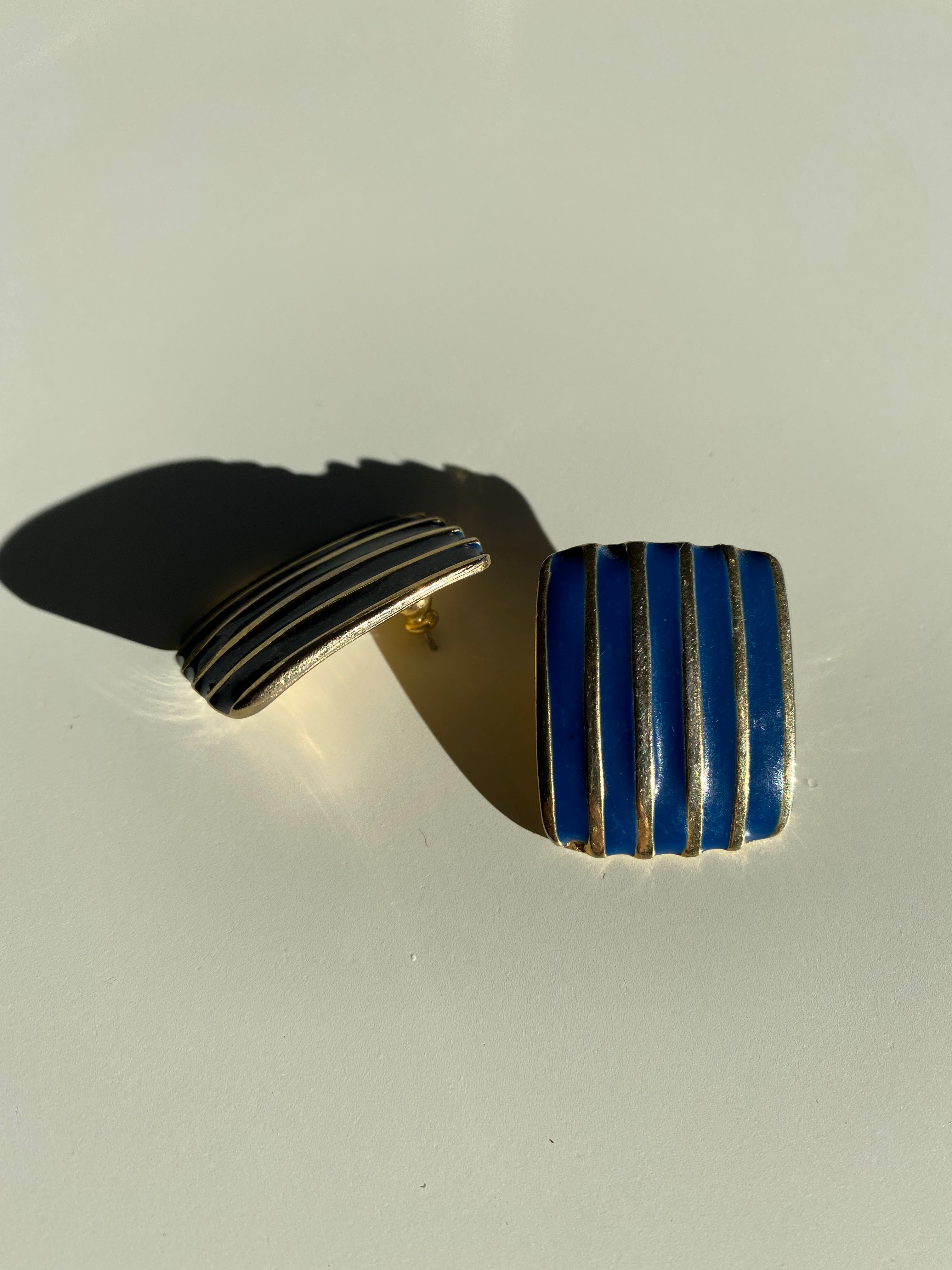 Blue and Gold Tone Striped Square Earrings