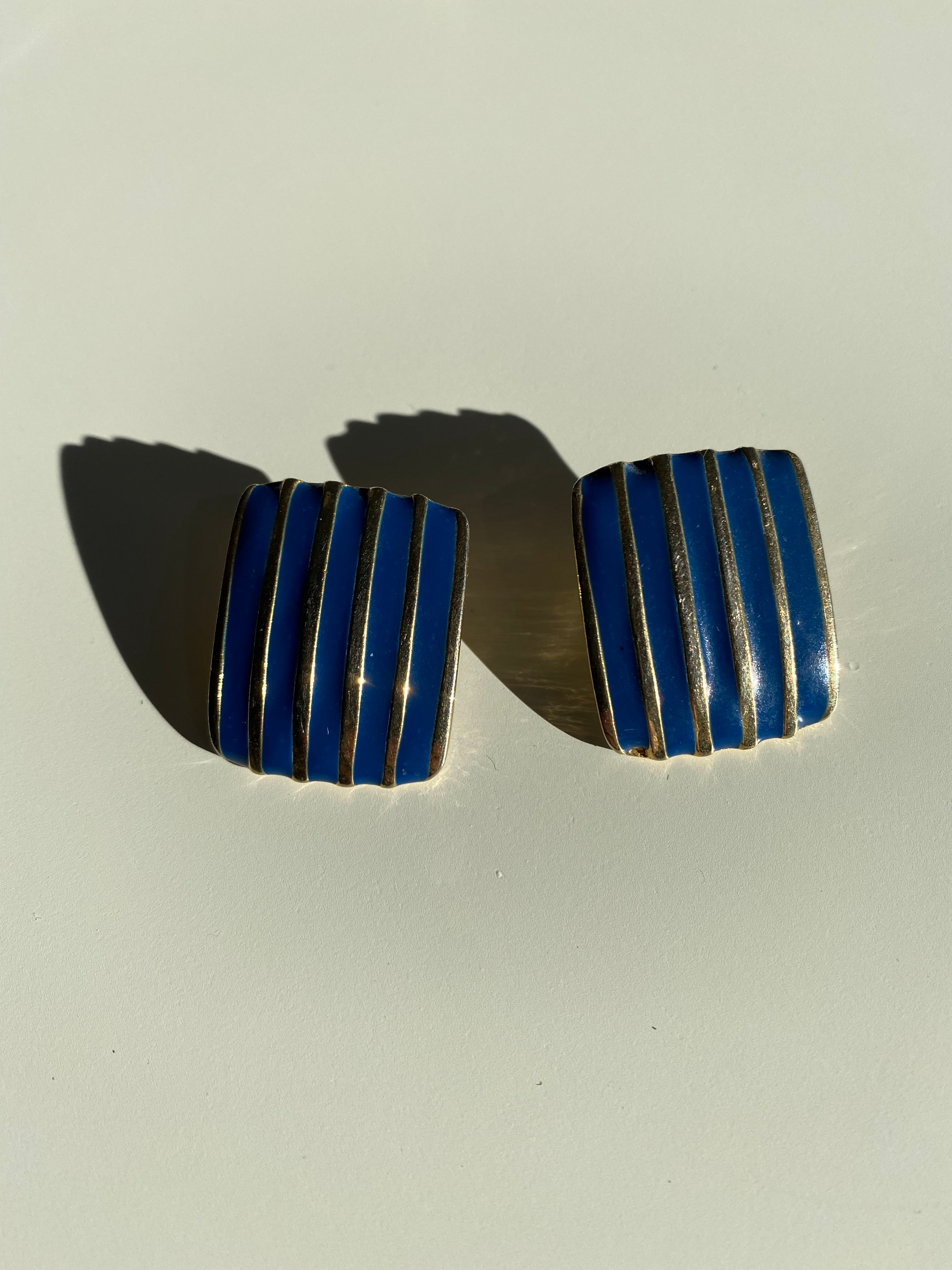 Blue and Gold Tone Striped Square Earrings