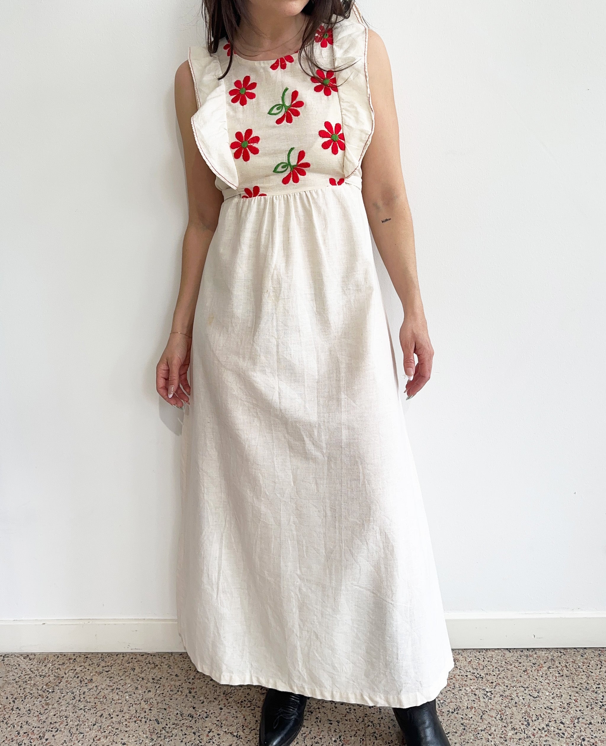 White Maxi Dress With Red Embroidered Flowers