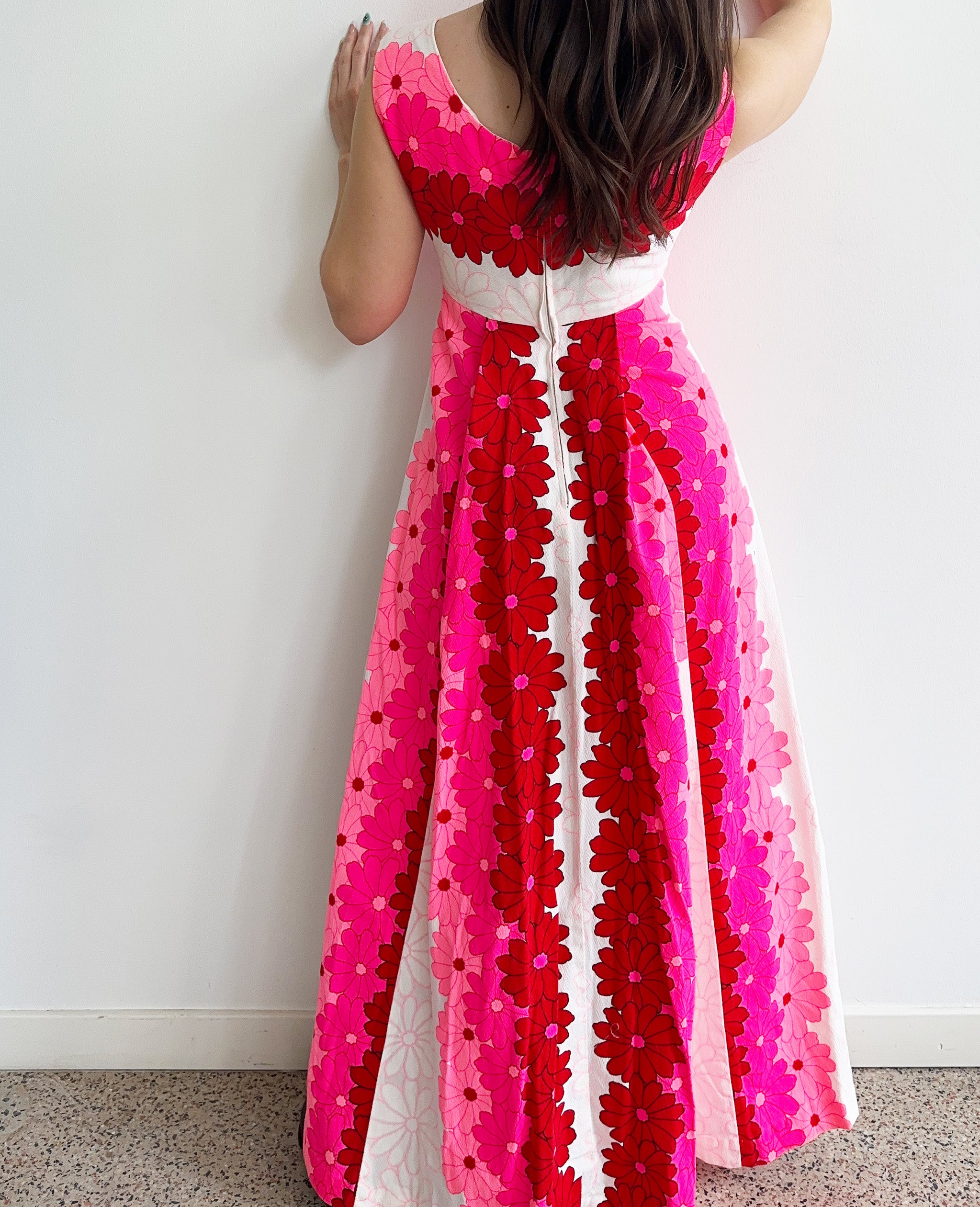White Maxi Dress With Pink and Red Flower Pattern