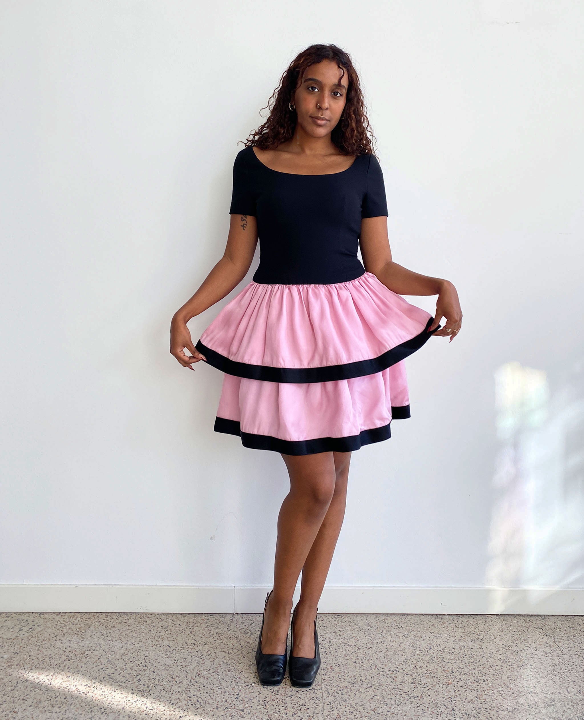 Black and Pink Tulle Lined Layered Dress