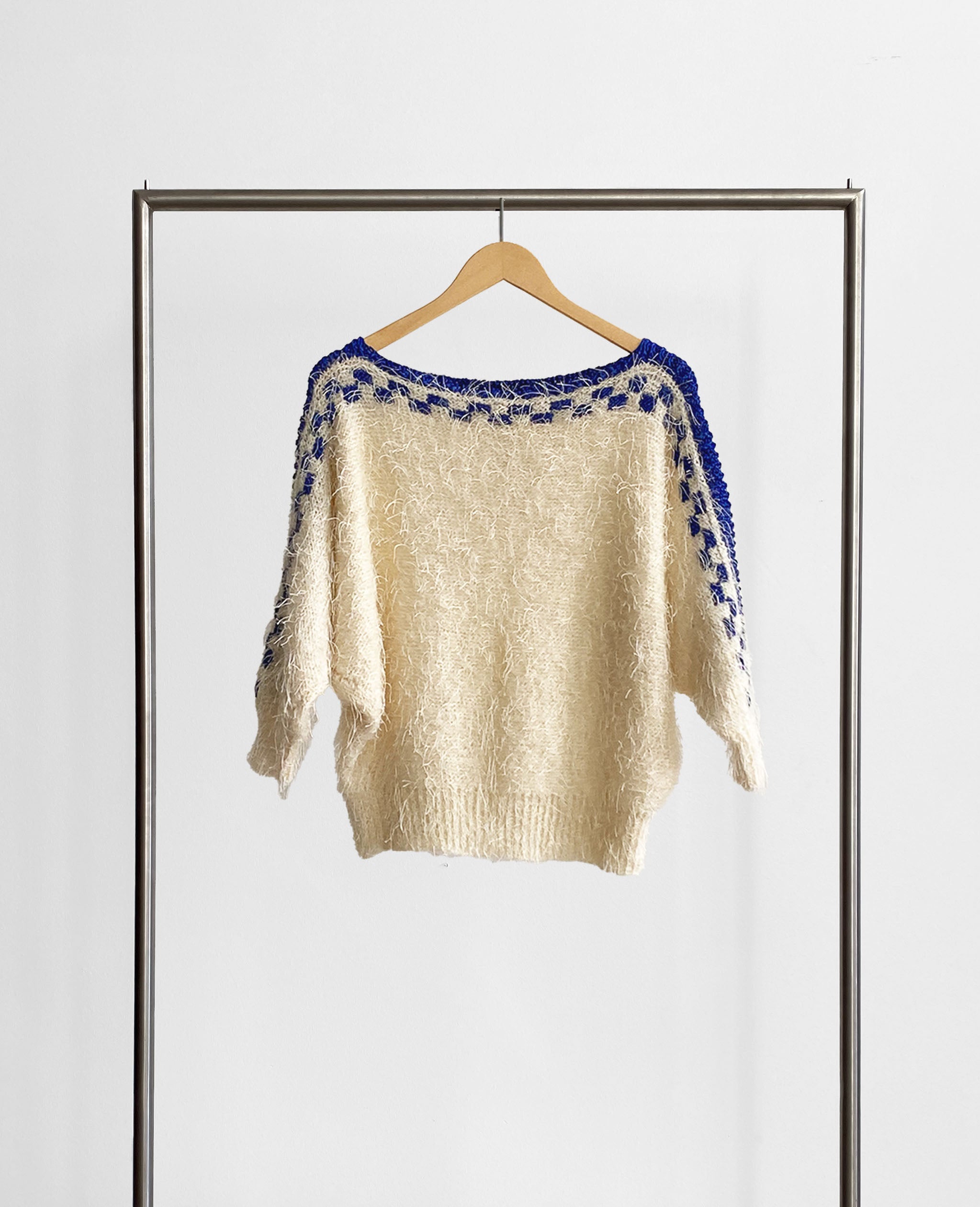 Cream and Blue Handknit Sweater With Batwing Sleeves