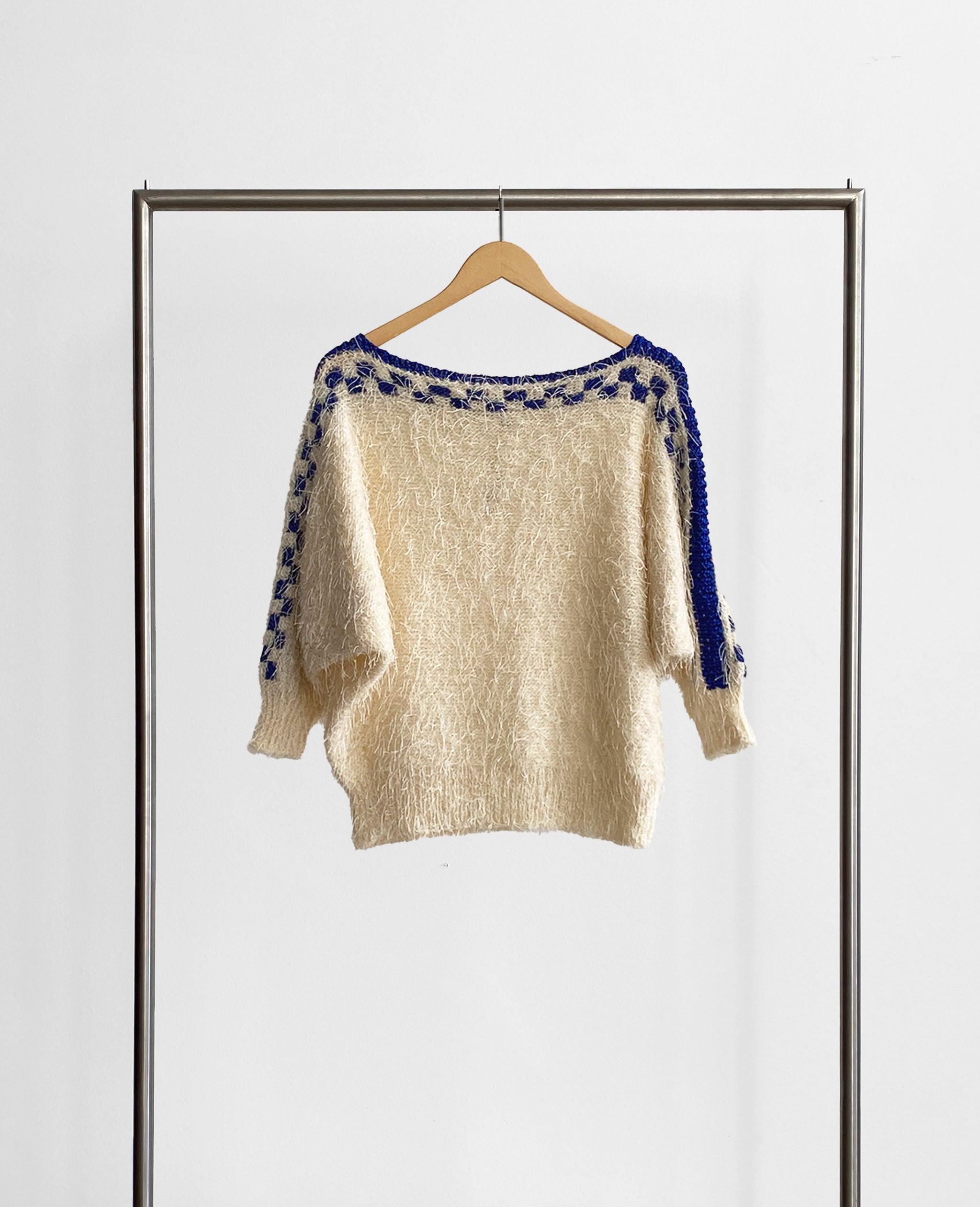 Cream and Blue Handknit Sweater With Batwing Sleeves