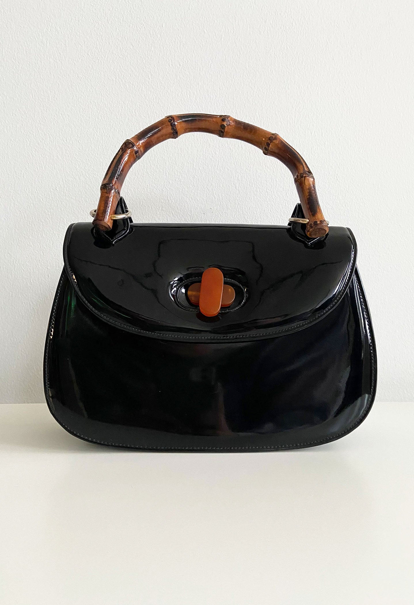 Black Patent Bag With Bamboo Handle