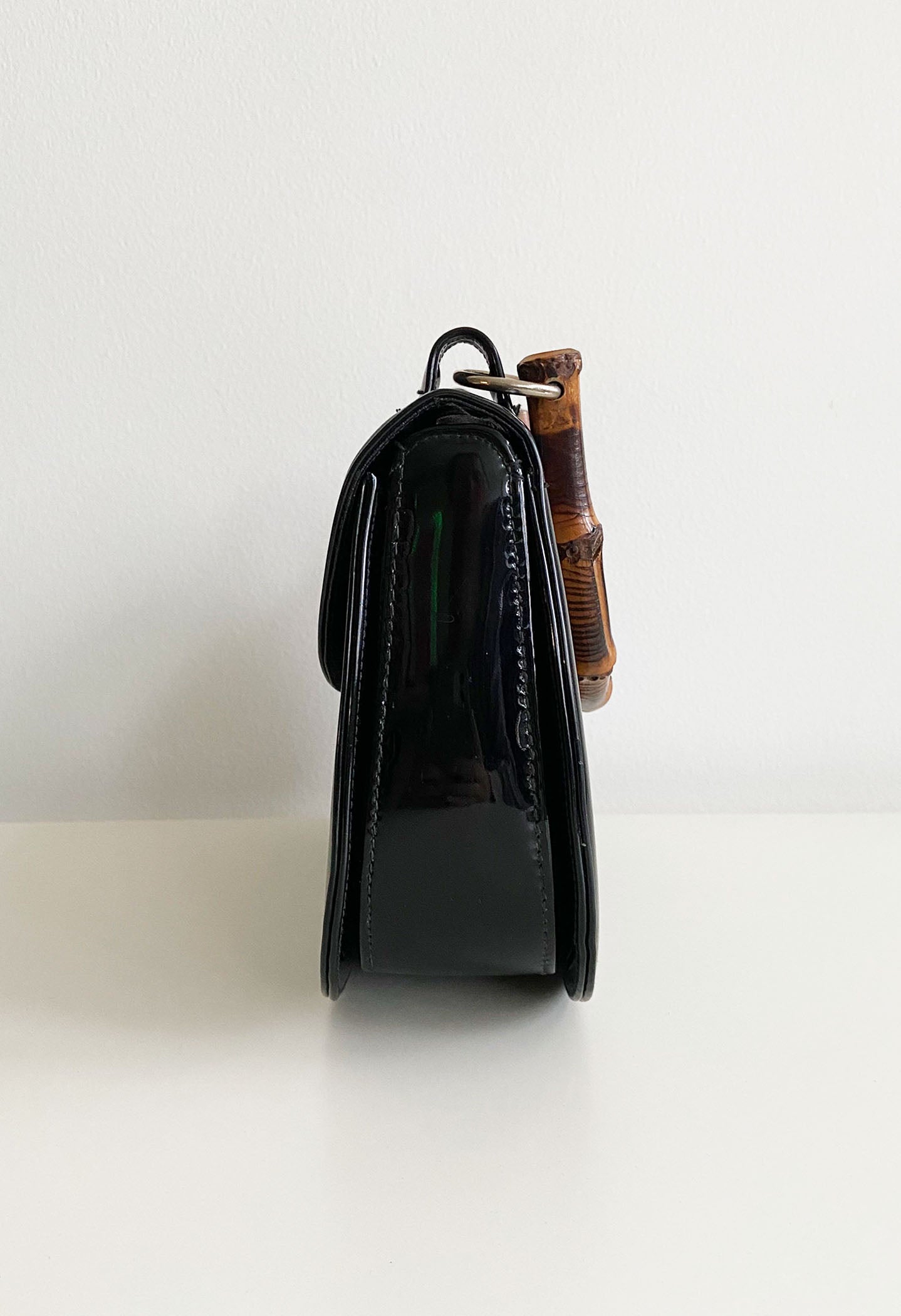 Black Patent Bag With Bamboo Handle
