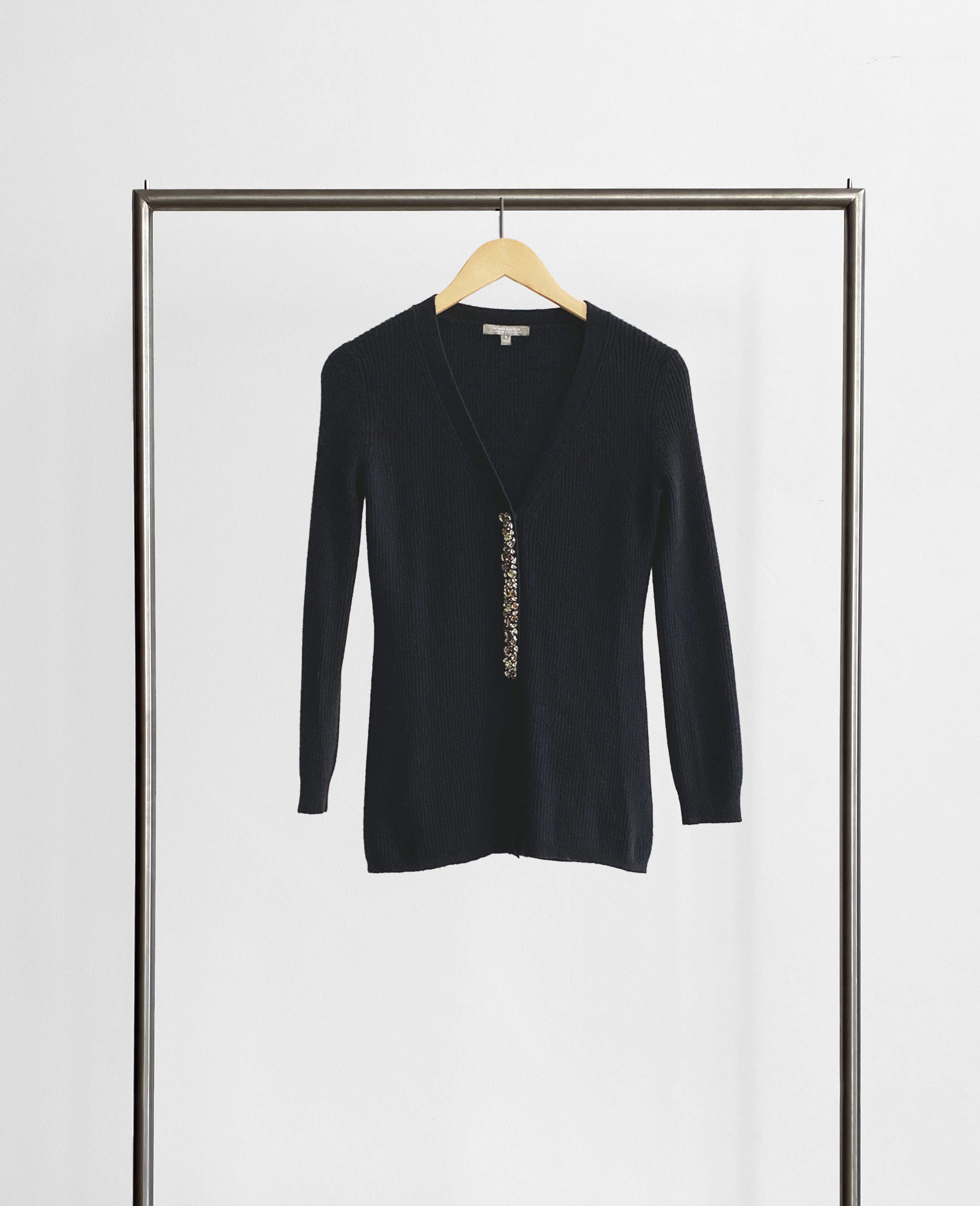 Black Cashmere Cardigan Sweater With Rhinestone Detail