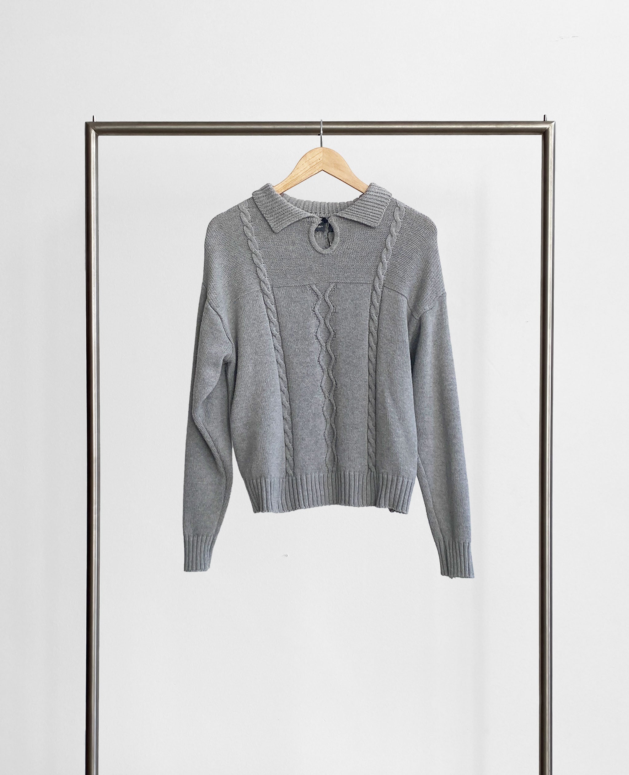 Gray Collared Cable Knit Sweater