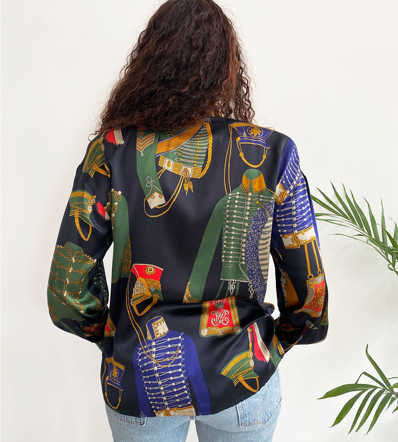 Vintage Military Attire Patterned Silk Blouse
