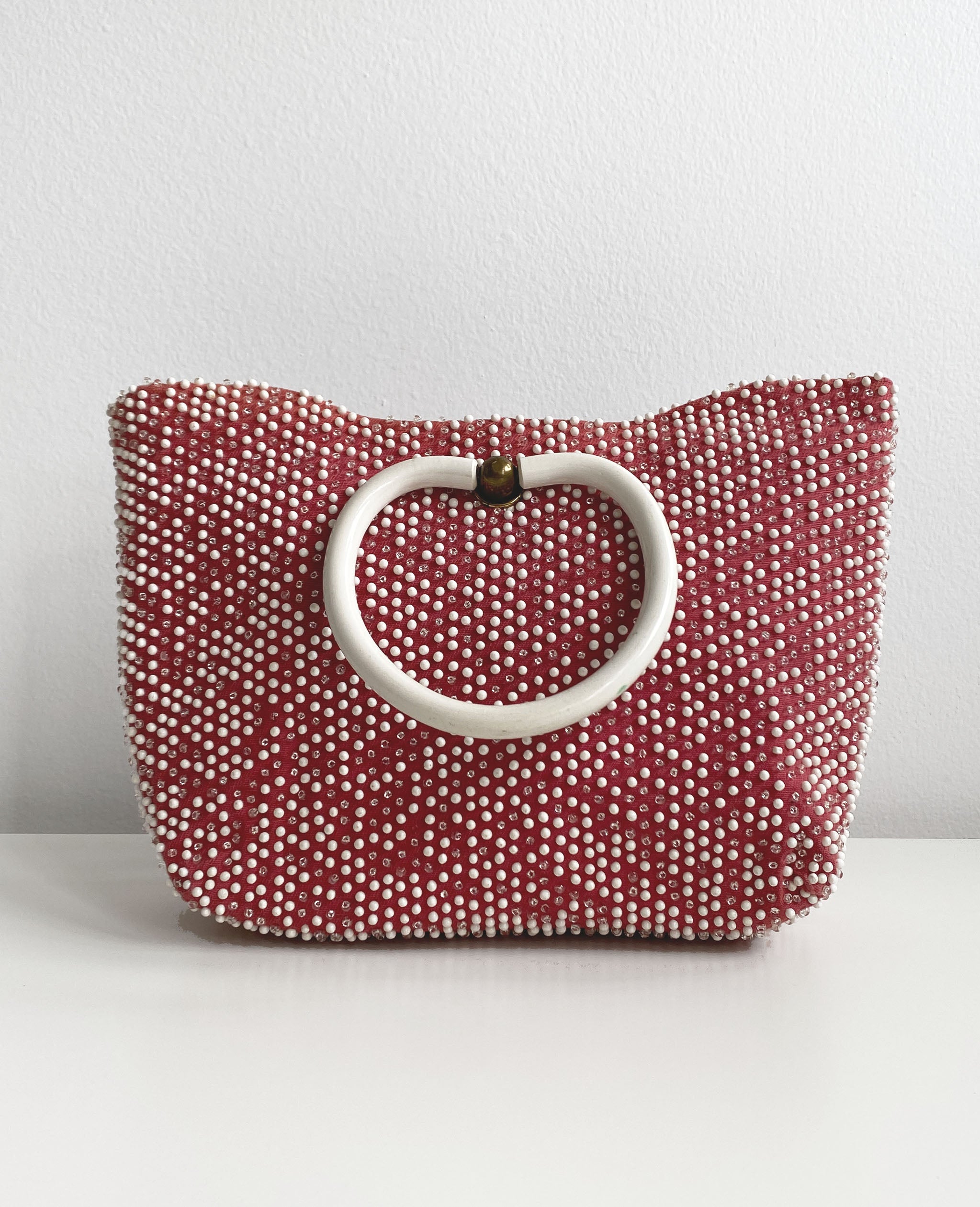 Pink Beaded Bag with White Plastic Handles