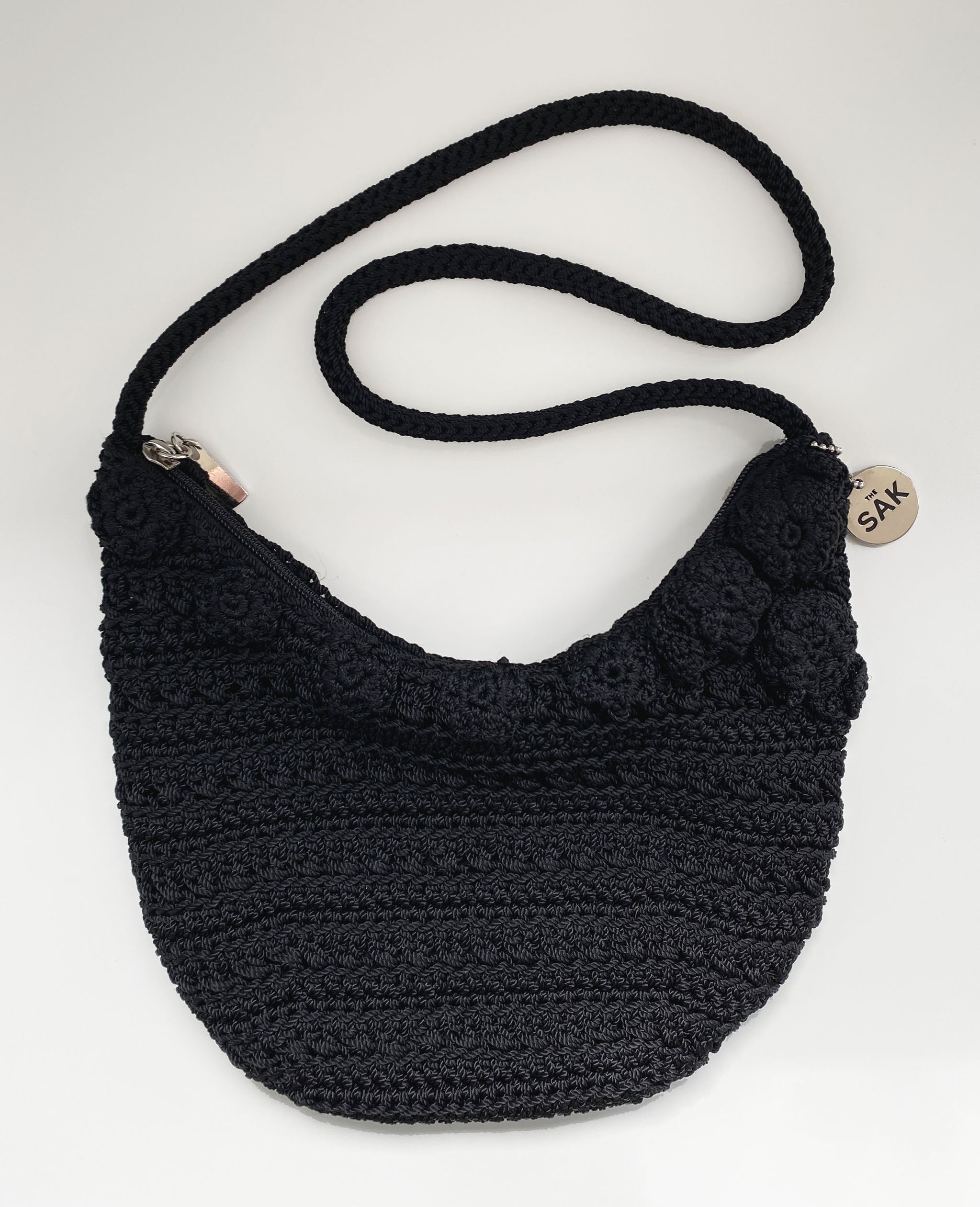 Black Knit Crescent Bag With Floral Detail