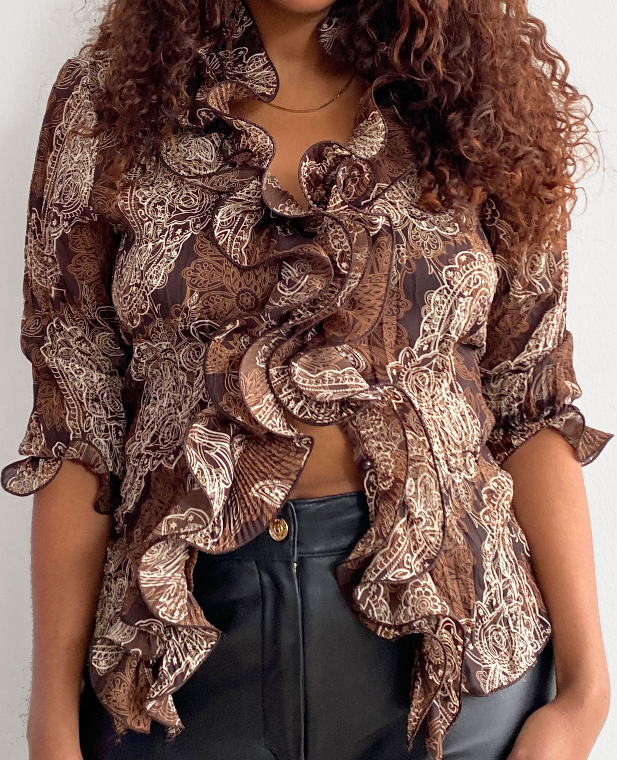 Brown Patterned Ruffle Blouse