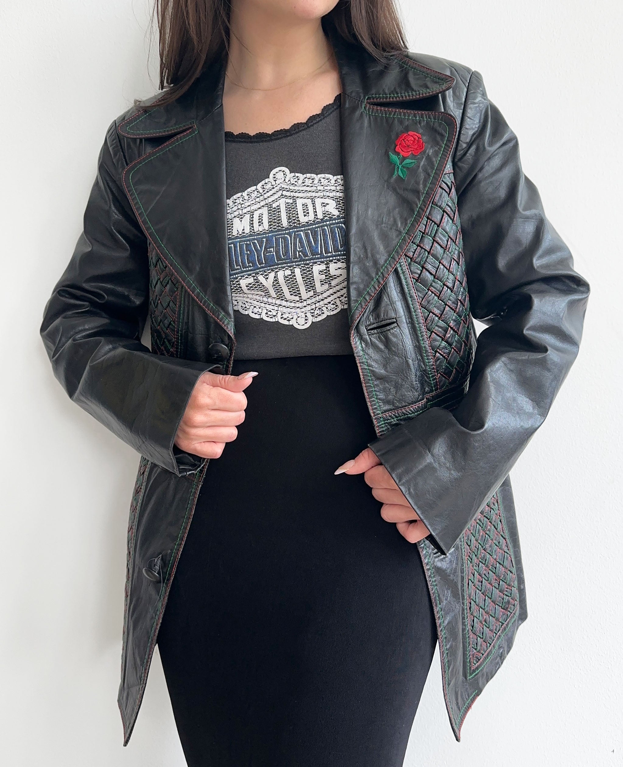 Black Braided Leather Jacket With Rose Detail