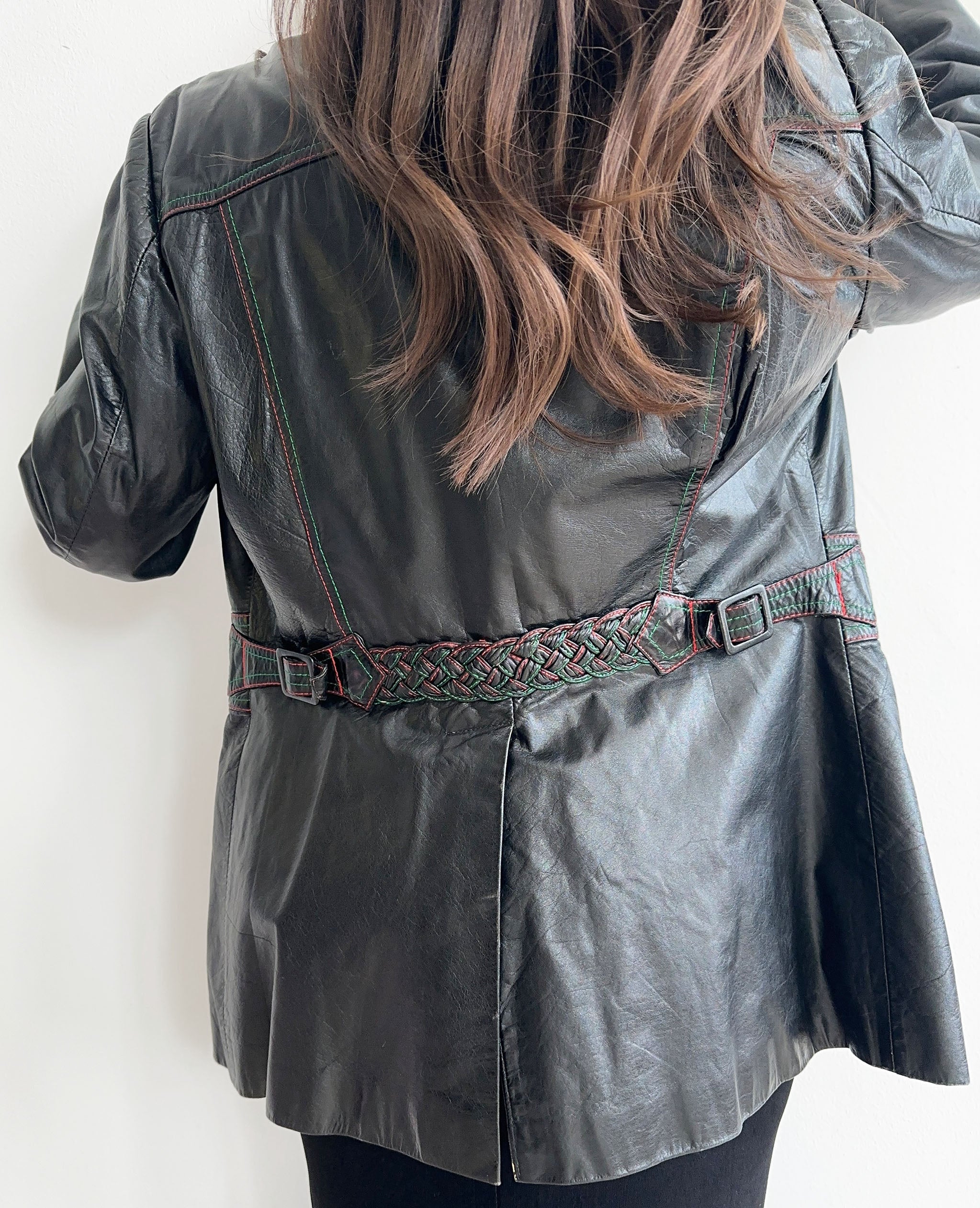 Black Braided Leather Jacket With Rose Detail